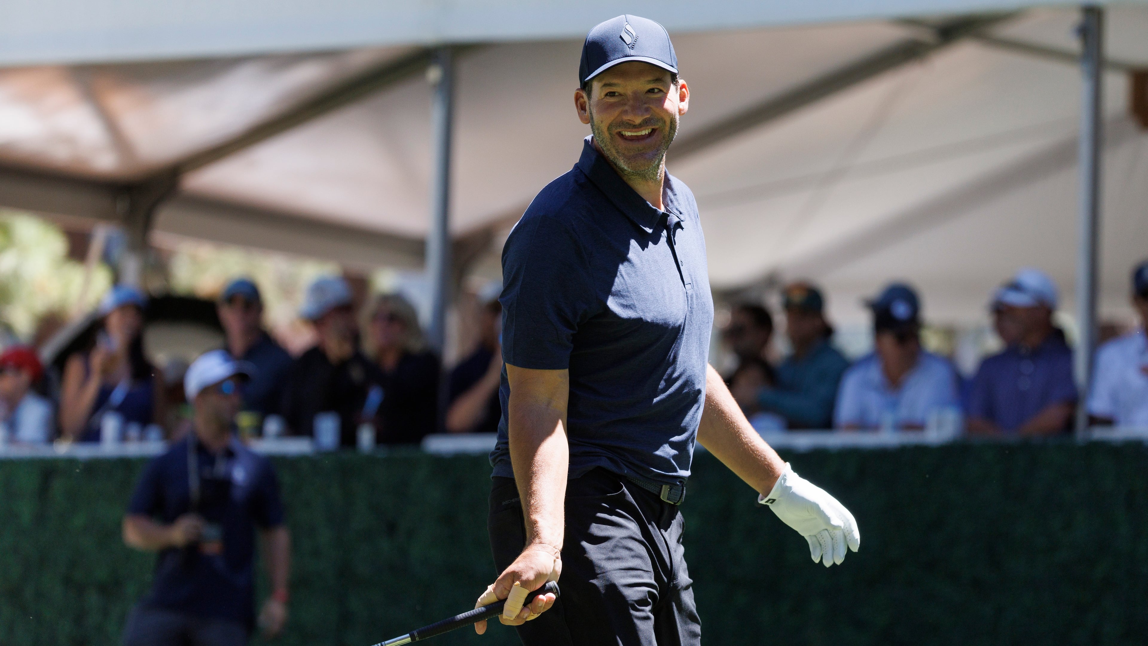 Tony Romo plays the 7th hole during the practice round of the American Century Championship Celebrity-Am Tournament at Edgewood Tahoe Golf Course in Stateline, Nevada, on Thursday, July 09, 2026. (Santiago Mejia/San Francisco Chronicle via AP)