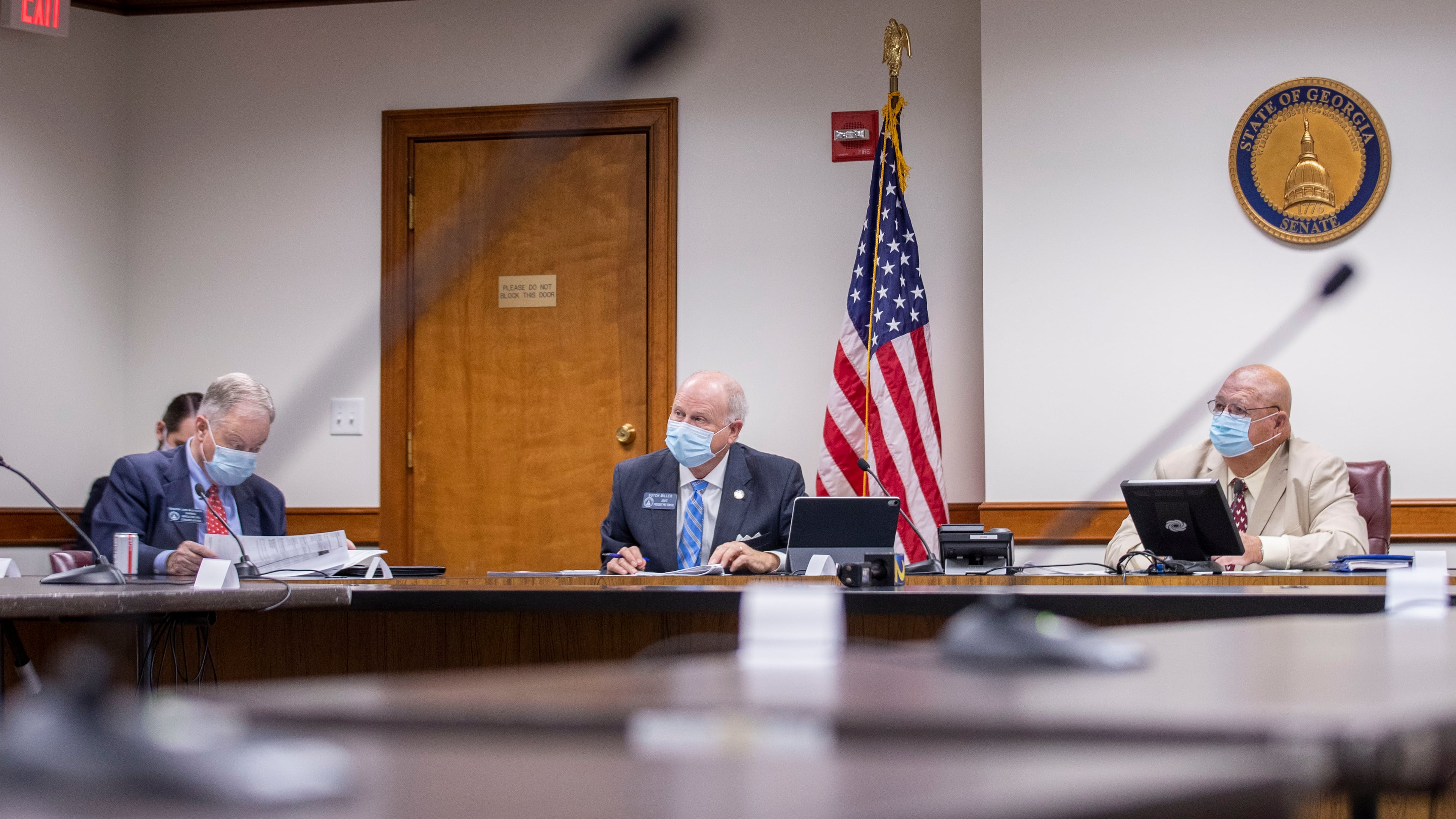 Georgia Senators John Wilkinson (R - Toccoa) (from left), Butch Miller (R - Gainesville) and Ellis Black (R - Valdosta) take part in a Senate appropriations subcommittee meeting . (ALYSSA POINTER / ALYSSA.POINTER@AJC.COM)