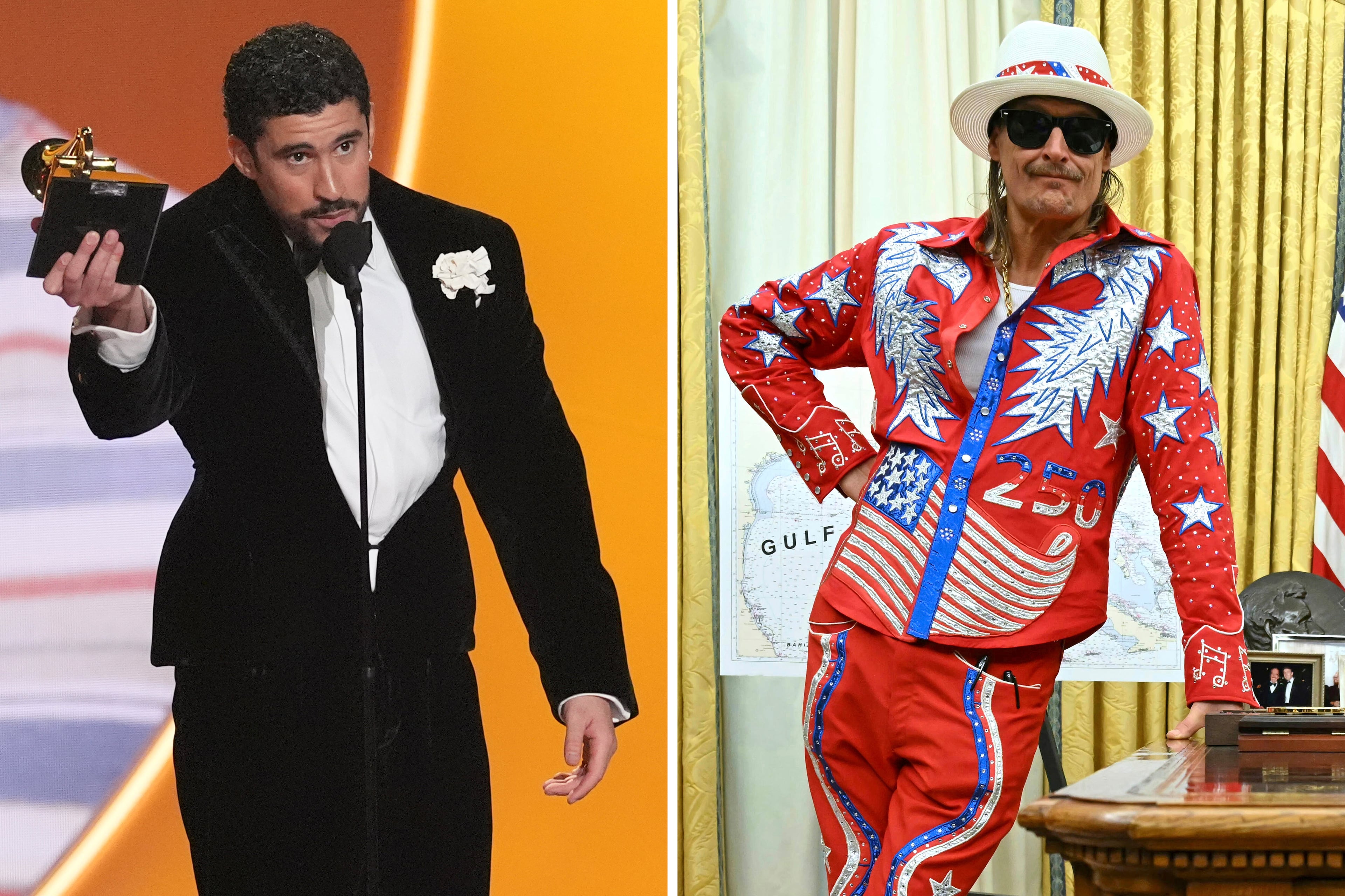 At left, Bad Bunny accepts the award for album of the year for “Debí Tirar Más Fotos” during the 68th annual Grammy Awards on Feb. 1, 2026, in Los Angeles. At right, Kid Rock visits the Oval Office in Washington, D.C., on March 31, 2025. (Chris Pizzello/AP and Pool/AP)
