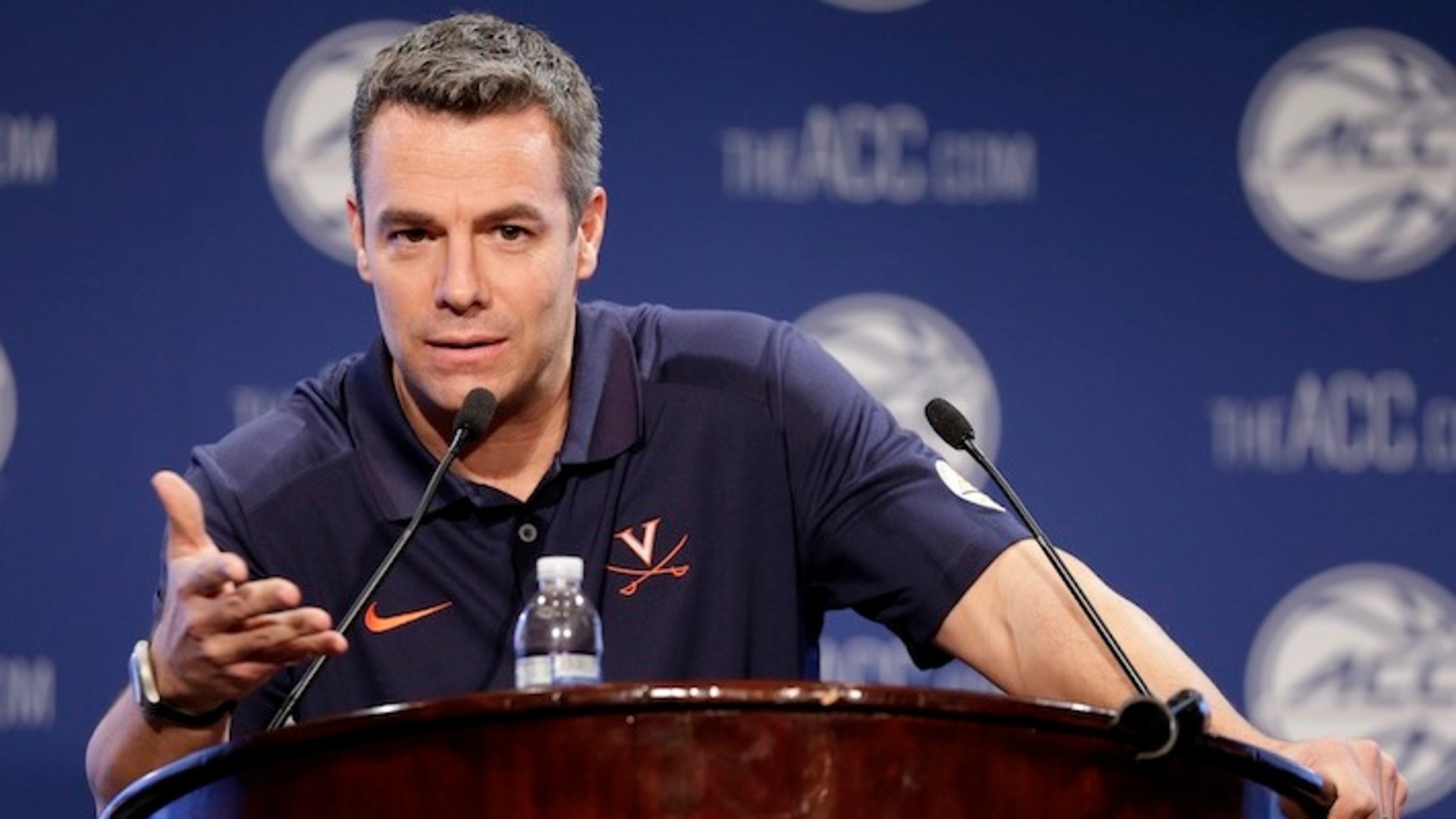 Virginia NCAA college basketball coach Tony Bennett answers a question during the Atlantic Coast Conference men's media day in Charlotte, N.C., Wednesday, Oct. 28, 2015. (AP Photo/Chuck Burton)