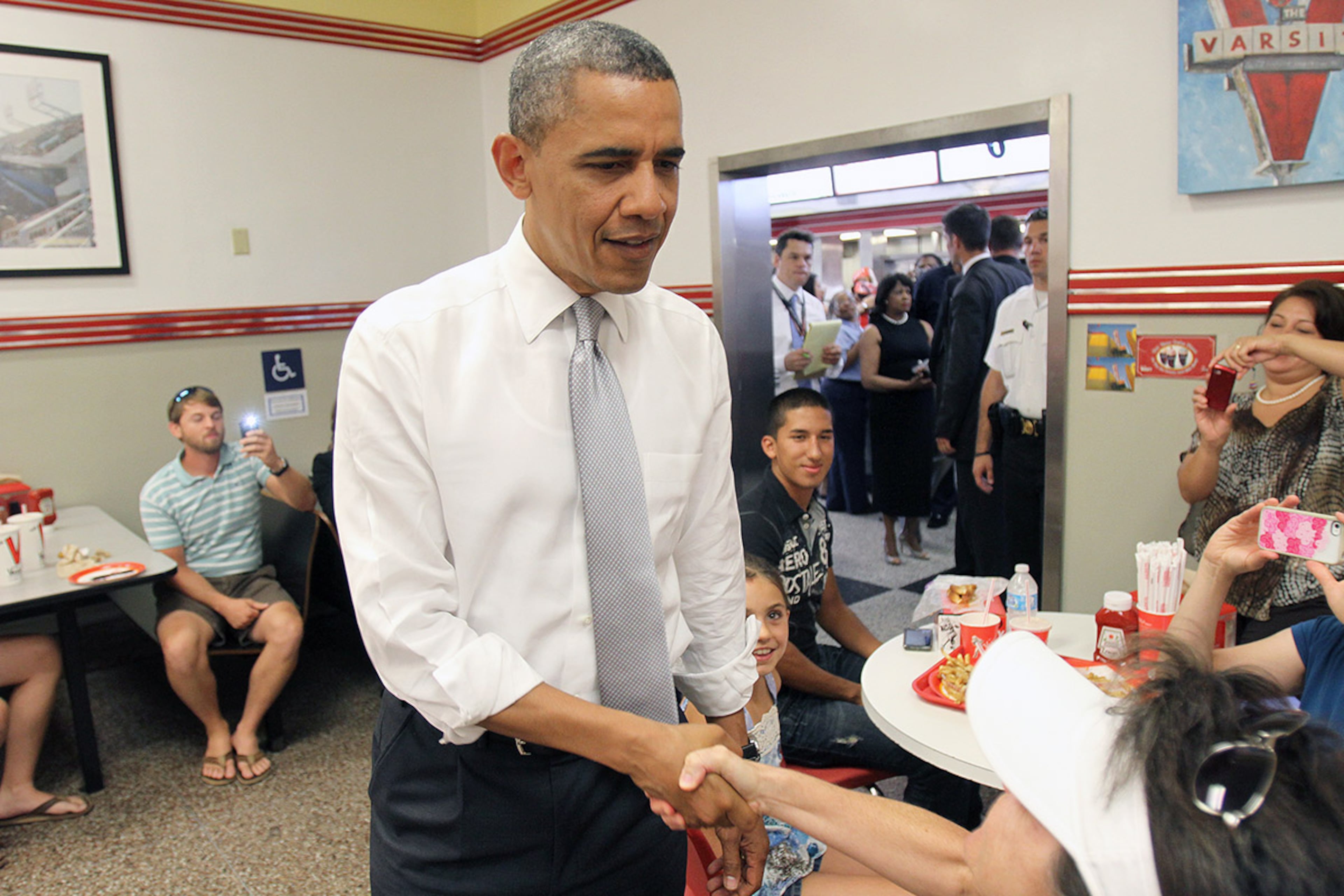 JUNE 25, 2012: President Obama visited Atlanta a number of times in 2012 for campaign fundraising events, including one in March at Tyler Perry's studio. In June, he attended a reception at the Westin Peachtree Plaza Hotel and picked up a hot dog at The Varsity.
