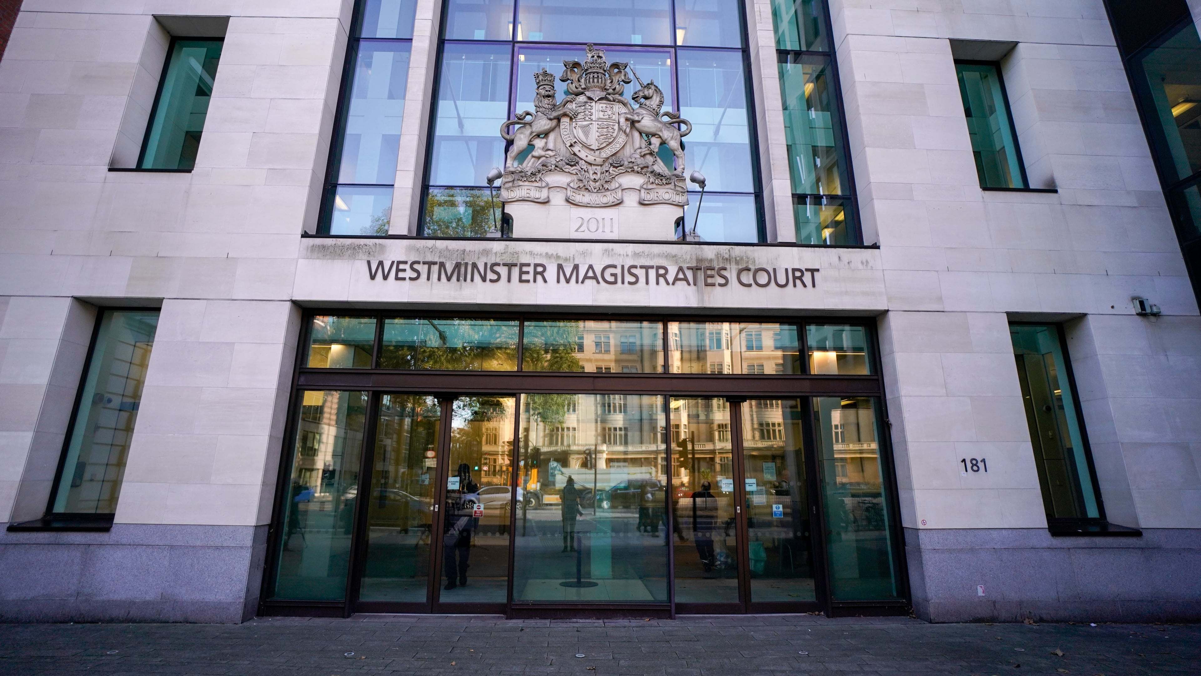 FILE - The outside of Westminster Magistrates Court in London, Oct. 21, 2021. (AP Photo/Alberto Pezzali, File)
