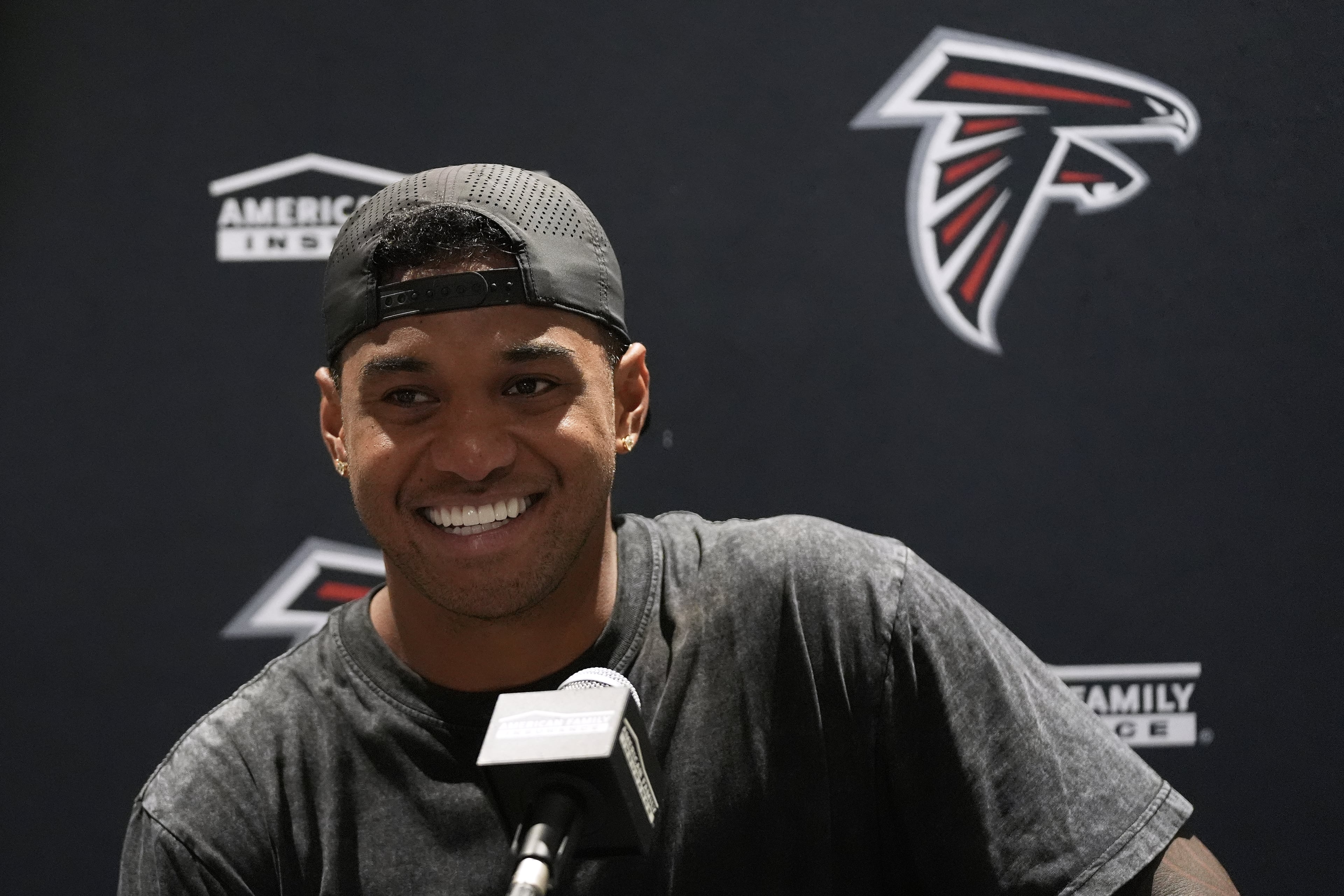 Falcons quarterback Tua Tagovailoa speaks during a news conference after facing the Dolphins on Friday, Aug. 28, 2026, in Miami Gardens, Fla. He still owns a house in Miami and loves the city. (Lynne Sladky/AP)