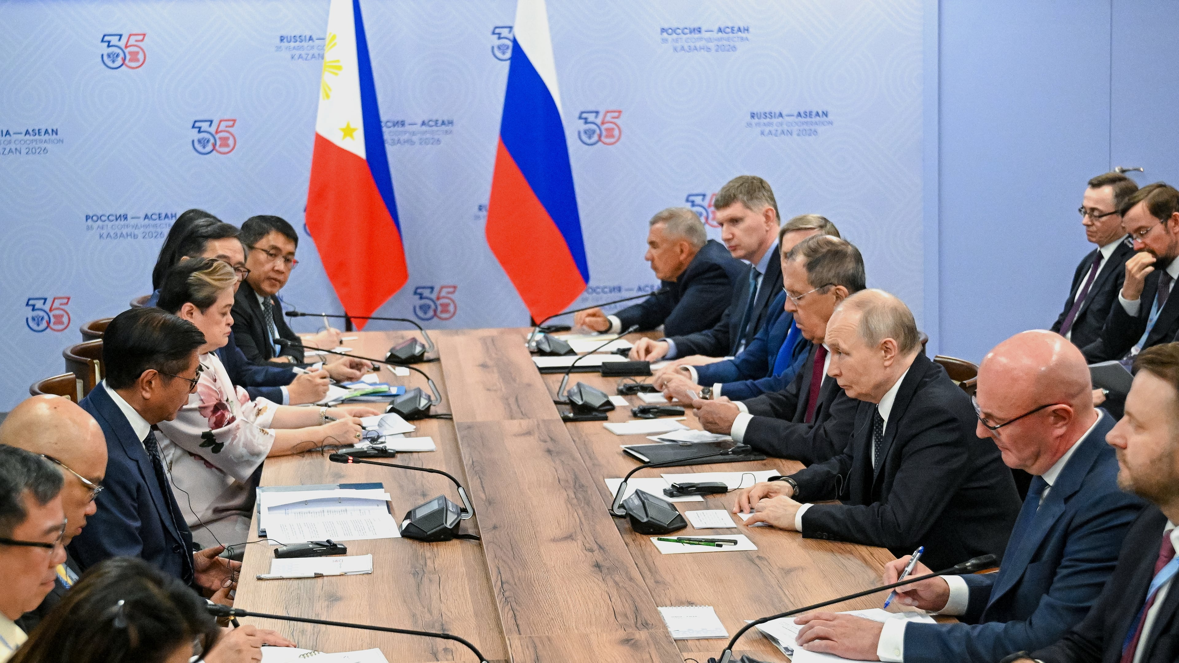 Russian President Vladimir Putin, third right, and Philippine President Ferdinand Marcos Jr. fourth left, attend the talks on the sidelines of the Russia-ASEAN summit in Kazan, Russia, Wednesday, June 17, 2026. (Sergei Bobylev/Sputnik, Kremlin Pool Photo via AP)