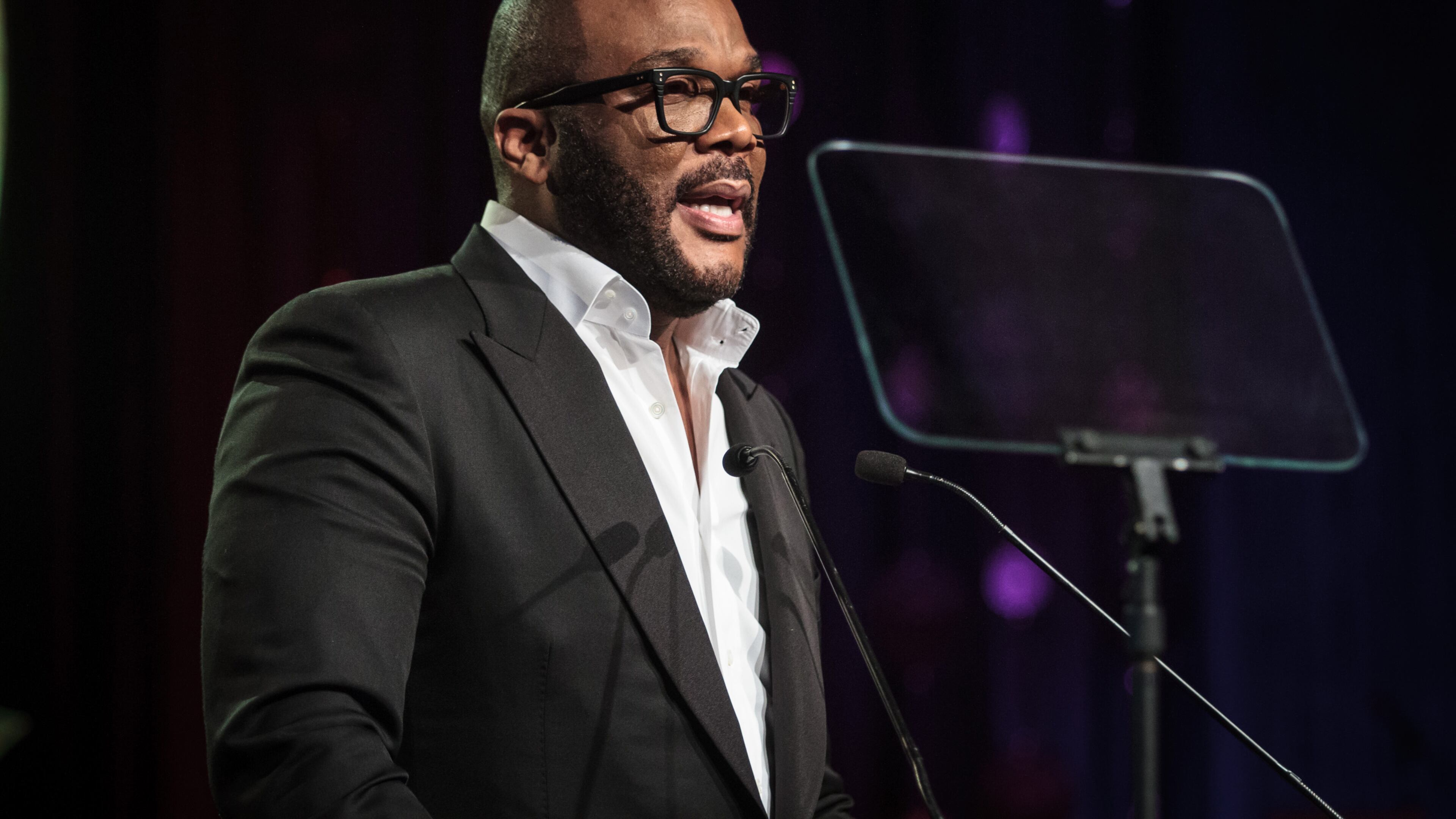 Actor and producer Tyler Perry talks to a large crowd gathered for the Candle In The Dark Gala, celebrating the 150th anniversary of Morehouse College in Atlanta Ga February 18, 2017. Perry was awarded the Bennie and Candle award during the gala. STEVE SCHAEFER / SPECIAL TO THE AJC