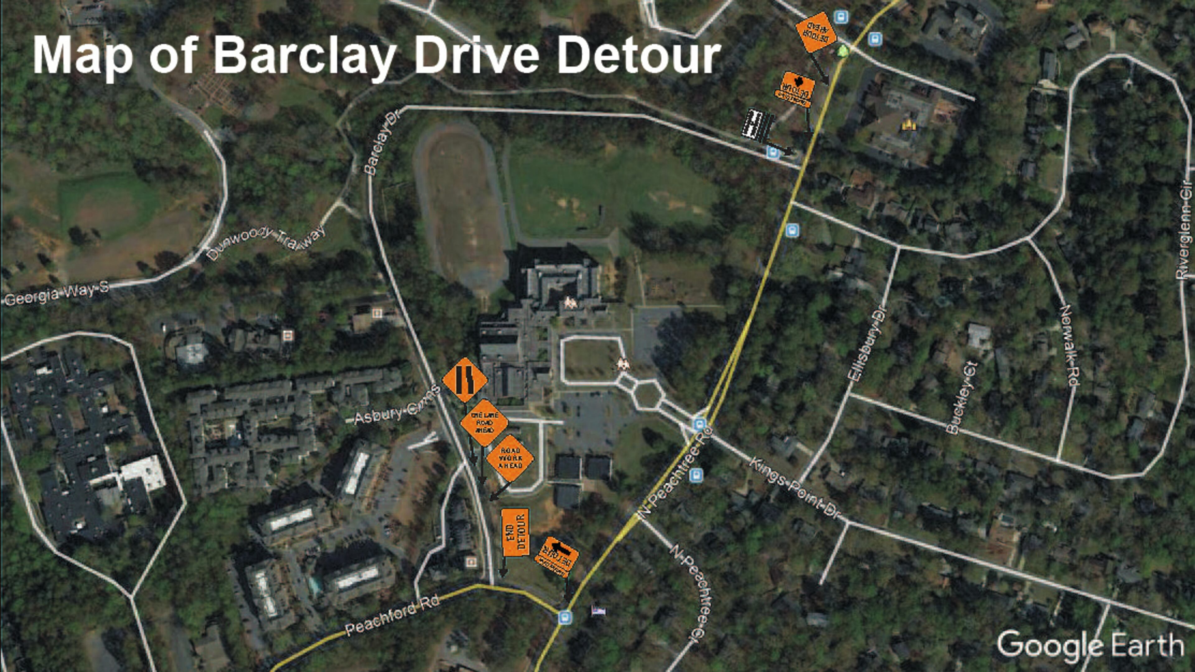 One westbound lane on Barclay Drive from North Peachtree Road to Peachford Road will be closed through Oct. 20.