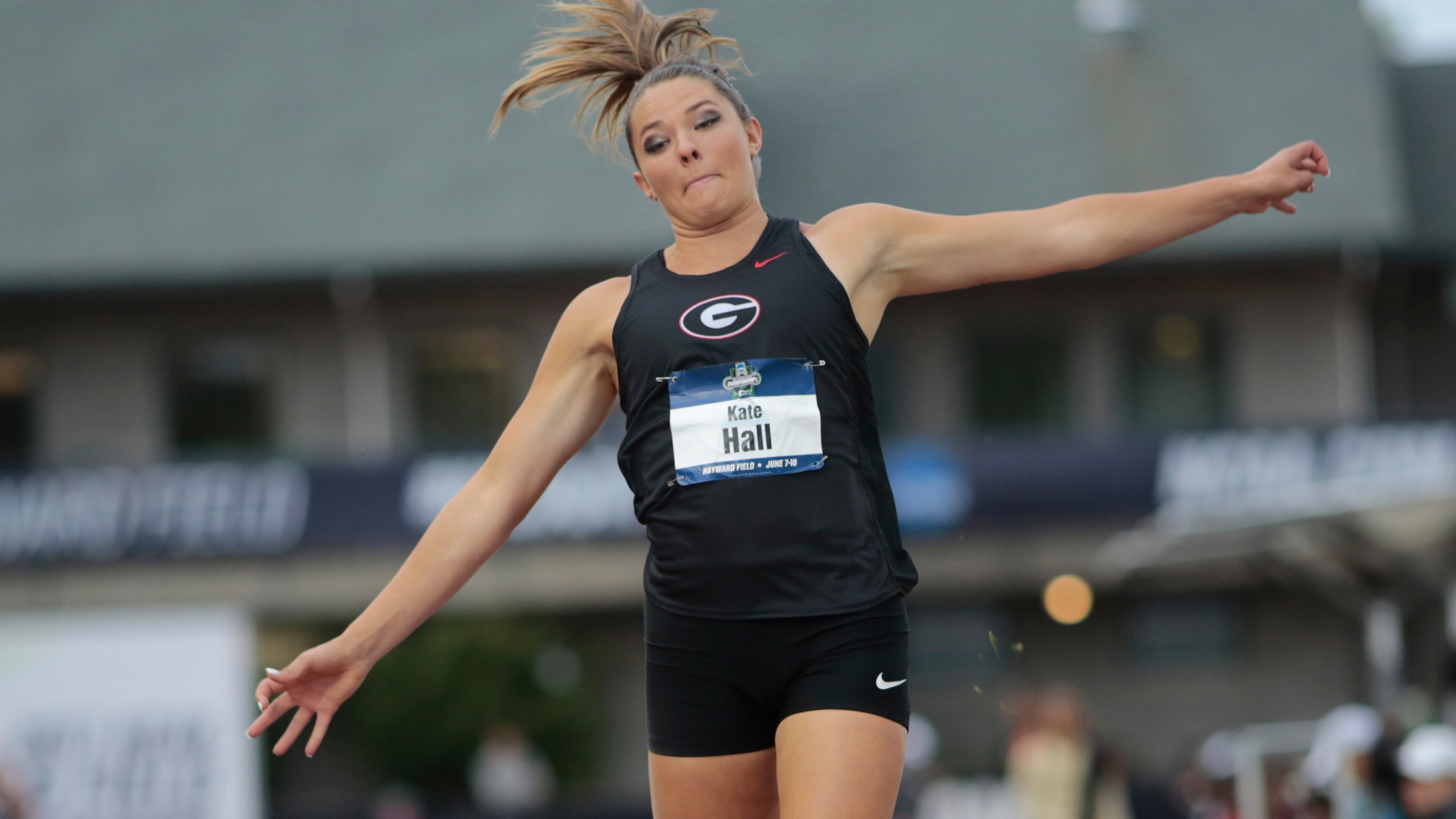 Georgia’s Kate Hall competes in the women’s long jump on the second day of the NCAA outdoor college track and field championships in Eugene, Ore., Thursday, June 8, 2017. Hall won with a jump of 22 feet, 1 inch. (AP Photo/Timothy J. Gonzalez)