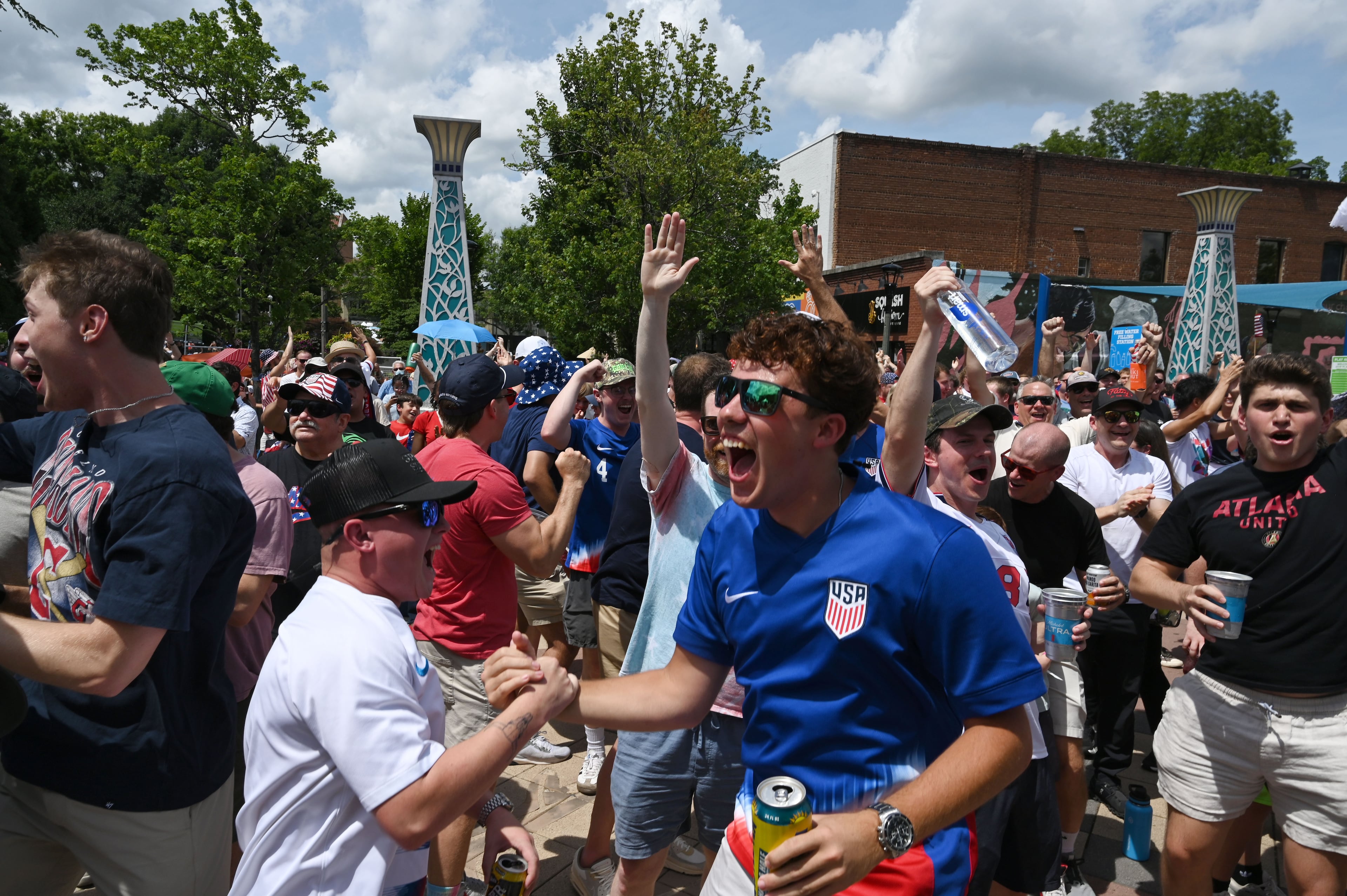 Soccer fans react as Team USA scores against Australia during Decatur WatchFest at Decatur Square on Friday, June 19, 2026. (Hyosub Shin/AJC)