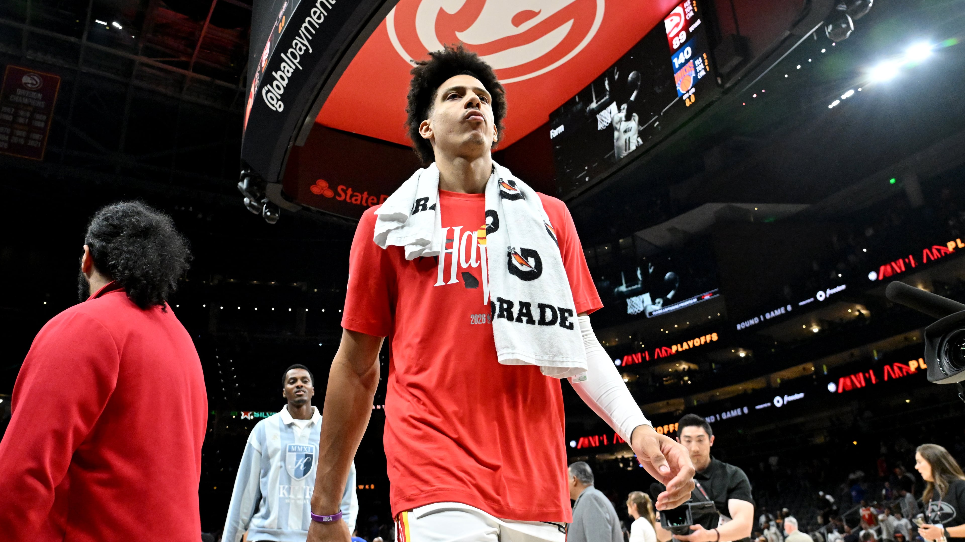 Atlanta Hawks forward Jalen Johnson leaves after the New York Knicks defeated the Atlanta Hawks during Game 6 of a first-round NBA playoff series at State Farm Arena on Thursday, April 30, 2026, in Atlanta. New York Knicks won 140-89 over Atlanta Hawks. (Hyosub Shin/AJC)