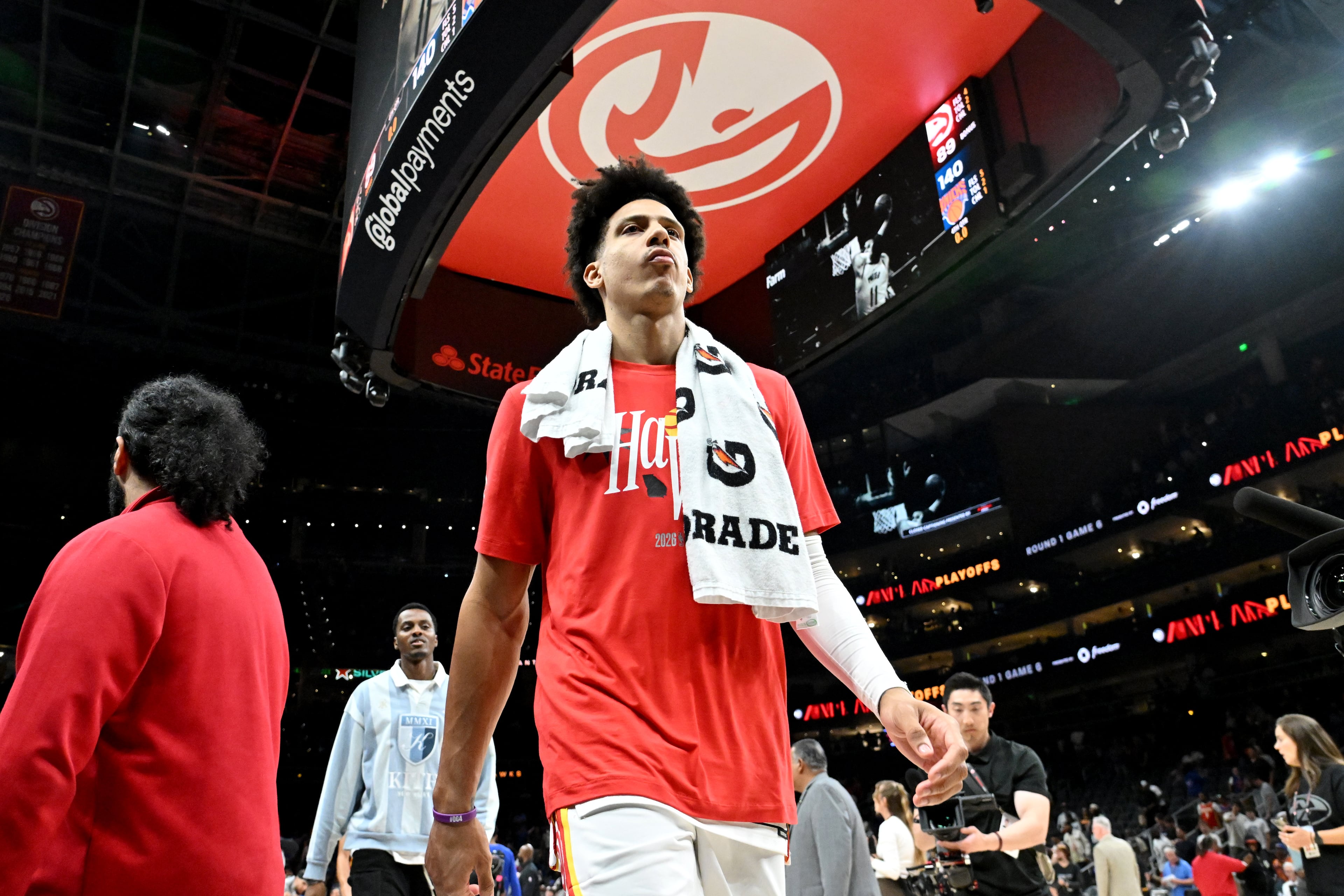 Atlanta Hawks forward Jalen Johnson leaves after the New York Knicks defeated the Atlanta Hawks during Game 6 of a first-round NBA playoff series at State Farm Arena on Thursday, April 30, 2026, in Atlanta. New York Knicks won 140-89 over Atlanta Hawks. (Hyosub Shin/AJC)