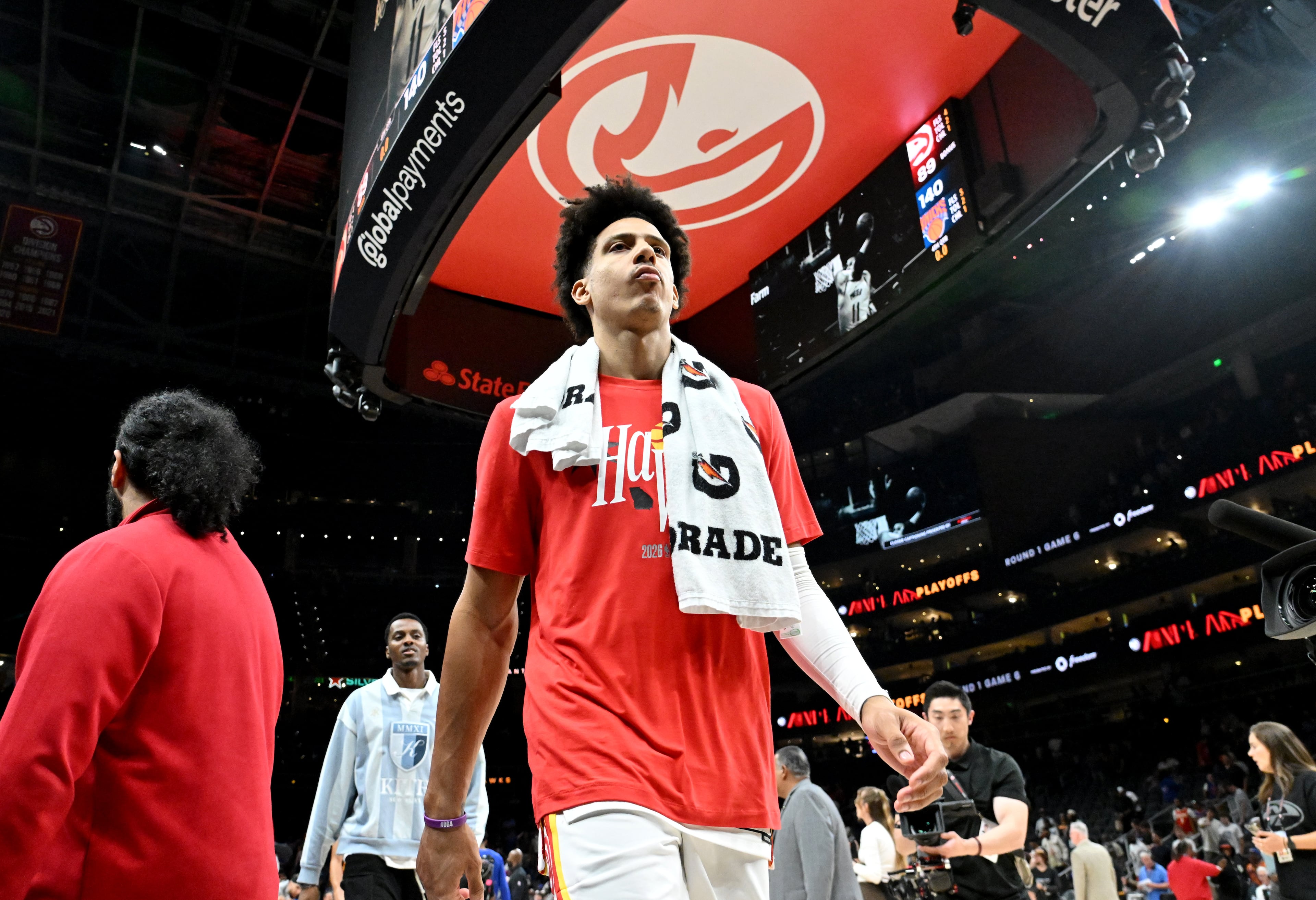 Atlanta Hawks forward Jalen Johnson leaves after the New York Knicks defeated the Atlanta Hawks during Game 6 of a first-round NBA playoff series at State Farm Arena on Thursday, April 30, 2026, in Atlanta. New York Knicks won 140-89 over Atlanta Hawks. (Hyosub Shin/AJC)