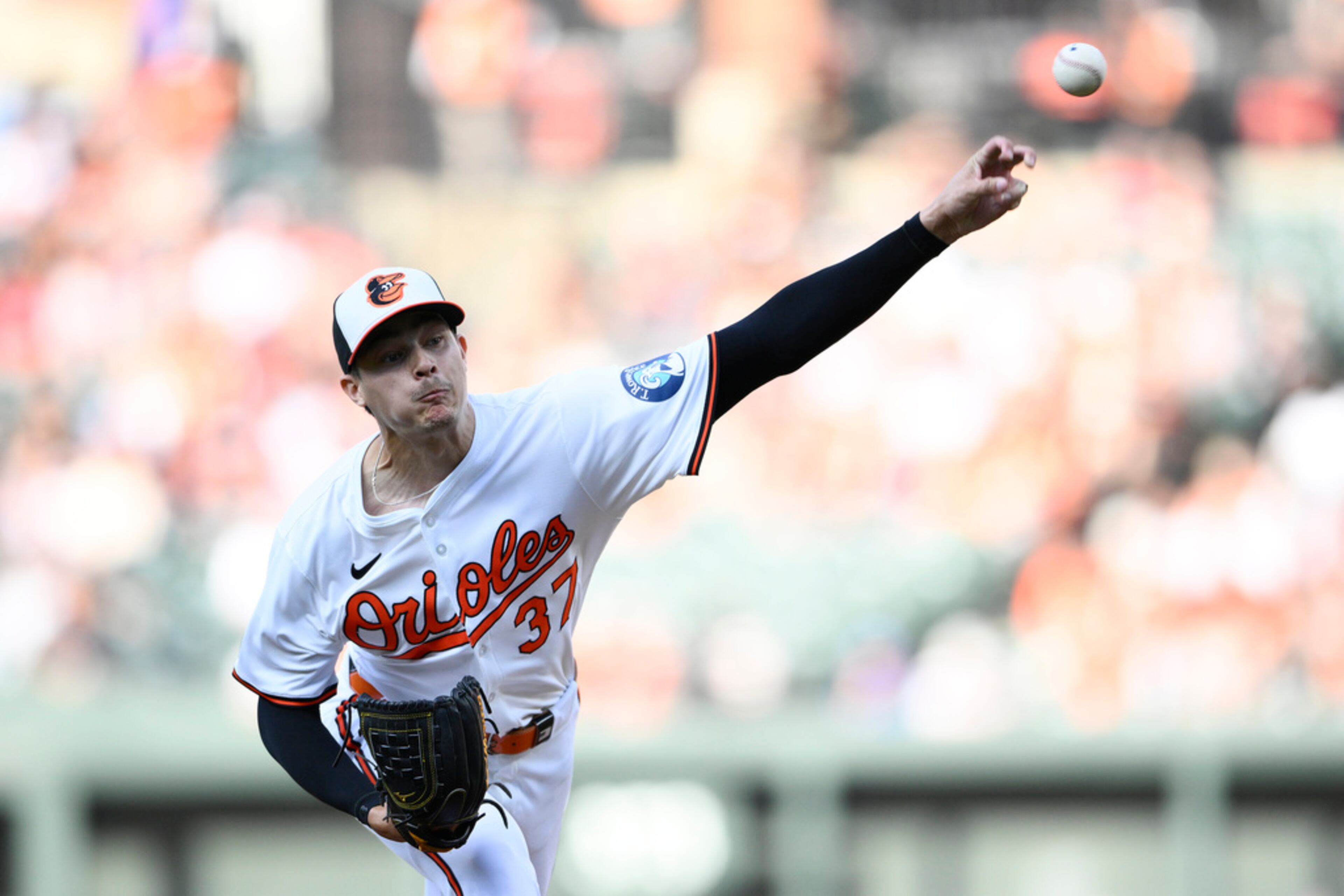 Baltimore Orioles starting pitcher Cade Povich throws to an Atlanta Braves batter during the first inning of a baseball game Wednesday, June 12, 2024, in Baltimore. (AP Photo/Nick Wass)