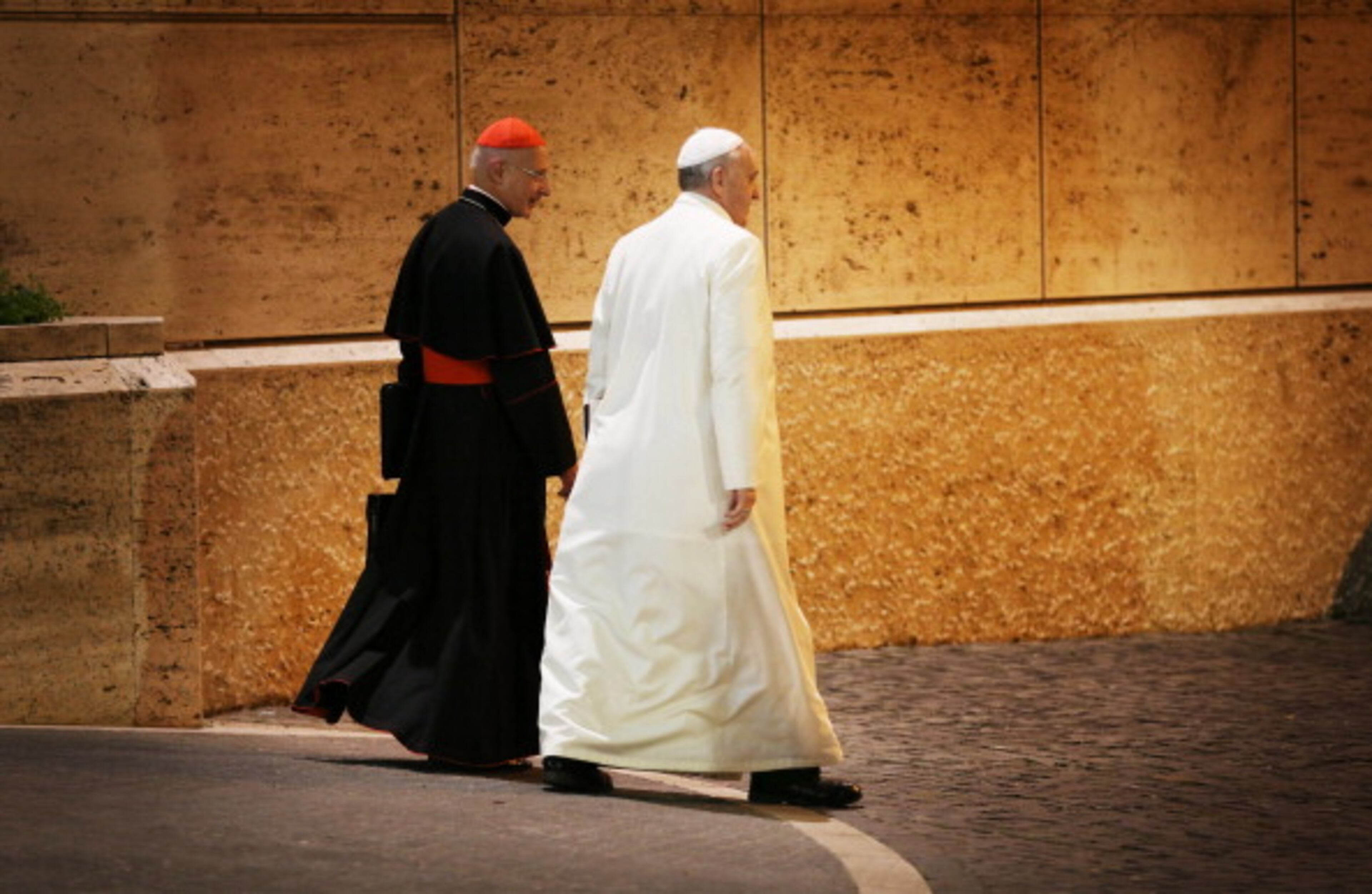 VATICAN CITY, VATICAN - FEBRUARY 20: Pope Francis (R) leaves an Extraordinary Consistory on February 20, 2014 in Vatican City, Vatican. Pope Francis will create 19 new cardinals in a ceremony on February 22, 2014. (Photo by Peter Macdiarmid/Getty Images)