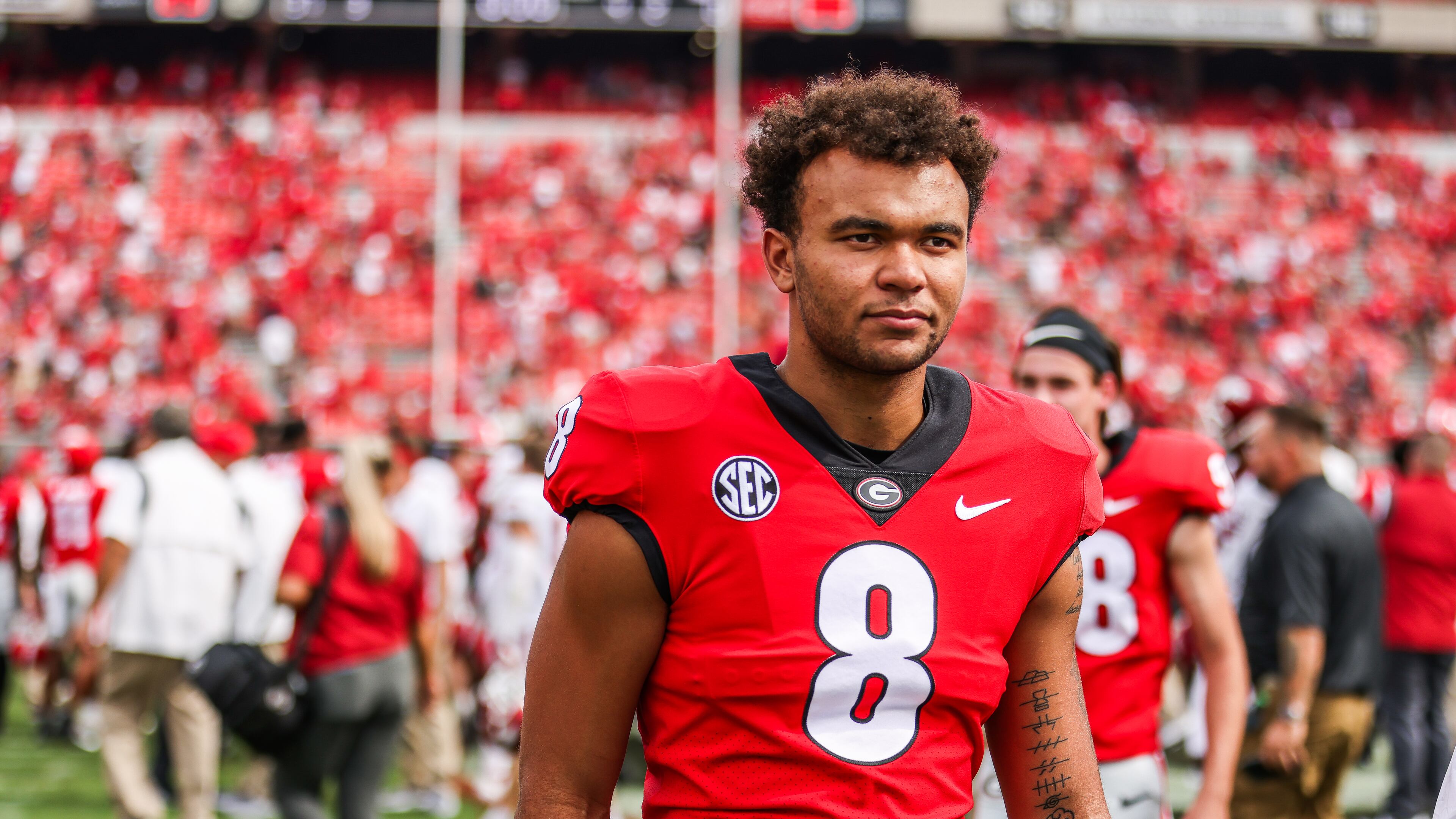Georgia wide receiver Dominick Blaylock (8) during a game against Arkansas at Sanford Stadium in Athens, Ga., on Saturday, Oct. 2, 2021. (Photo by Mackenzie Miles)