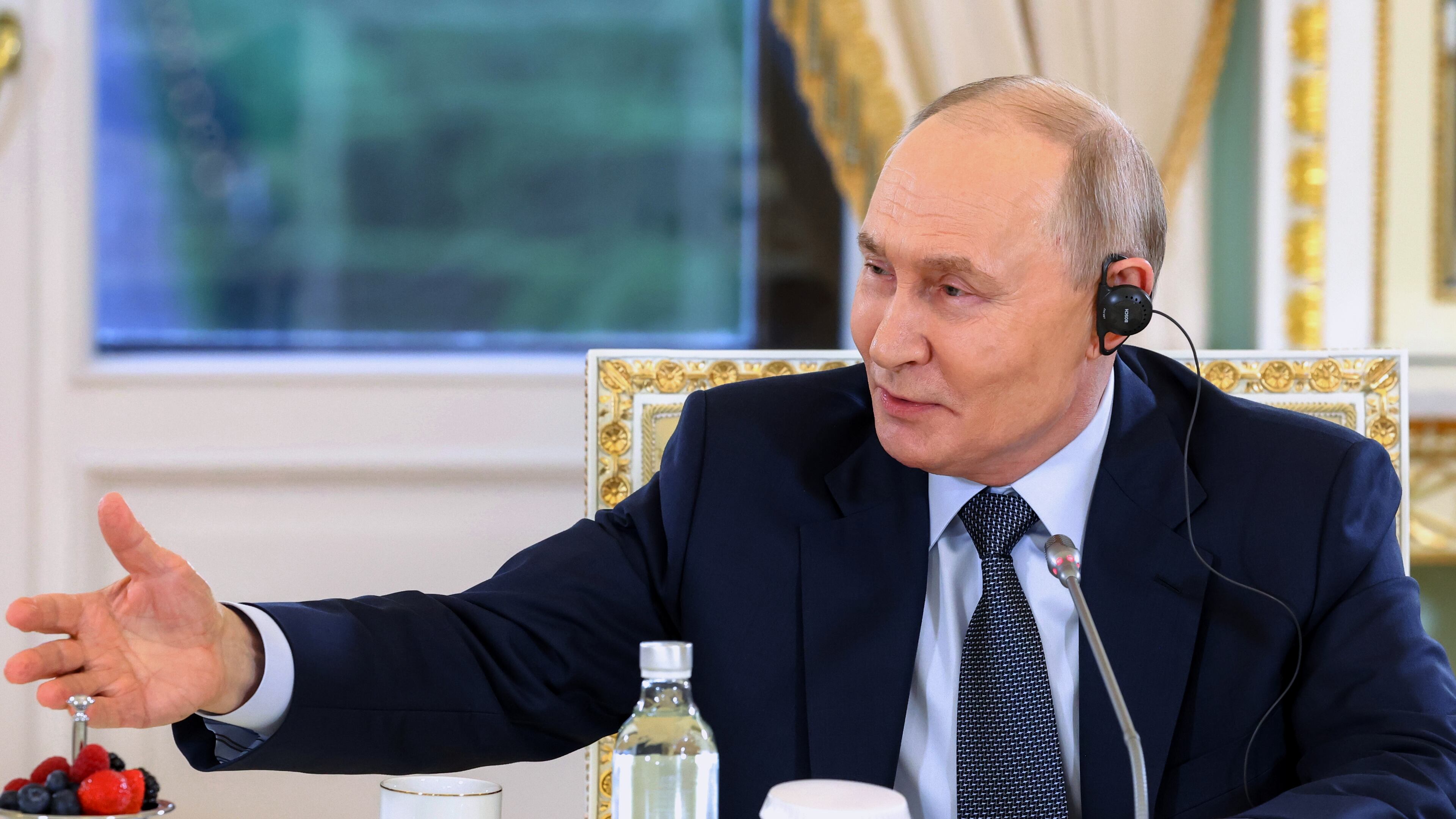 Russian President Vladimir Putin gestures during a meeting with representatives of international news agencies on the sidelines of the St. Petersburg International Economic Forum at the Constantine Palace in St. Petersburg, Russia, on Thursday, June 4, 2026. (Alexander Kazakov, Sputnik, Kremlin Pool Photo via AP)