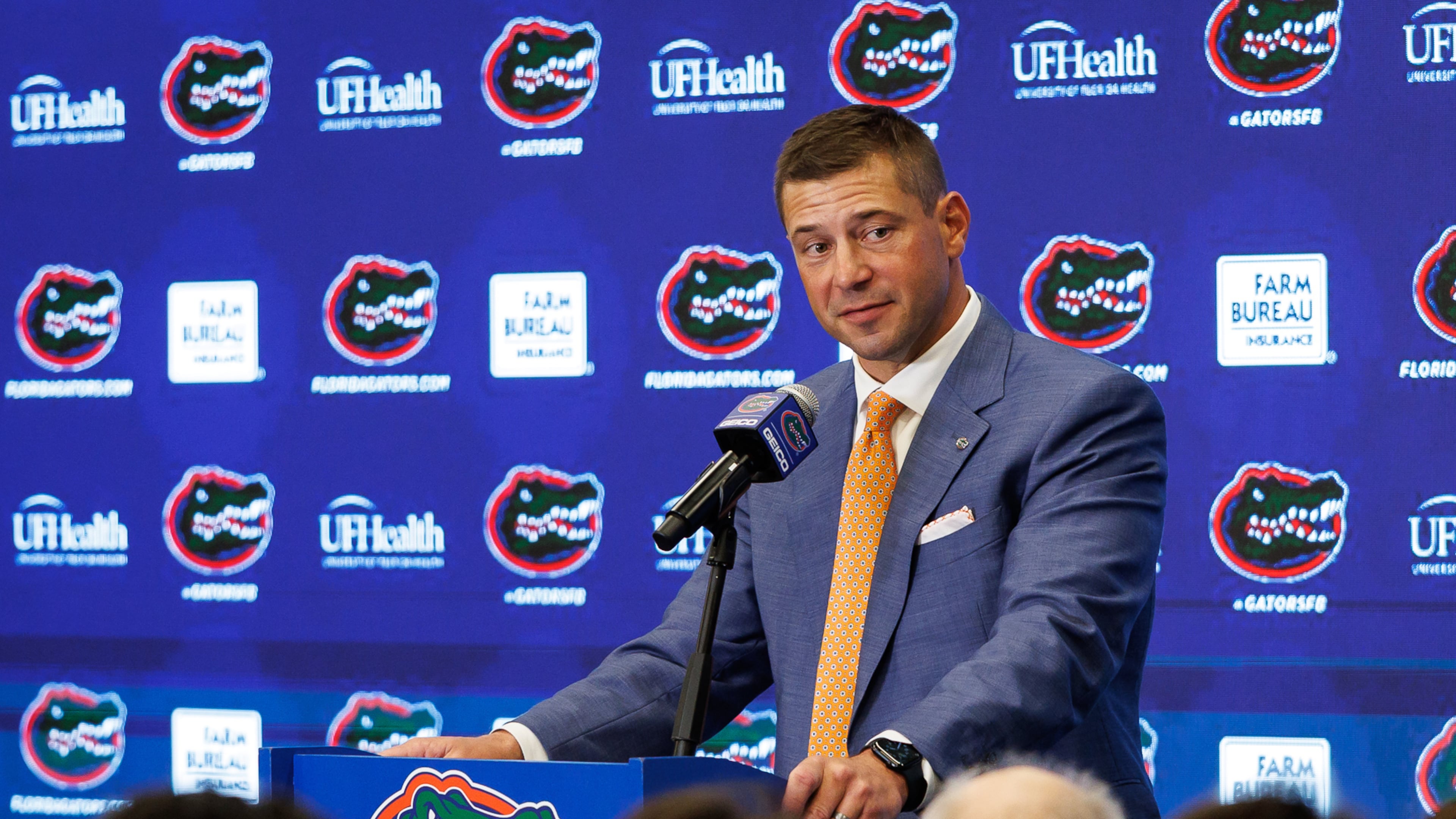 New Florida college football head coach Jon Sumrall speaks during a news conference, Dec. 1, 2025, in Gainesville, Fla. (Chris Watkins/AP))
