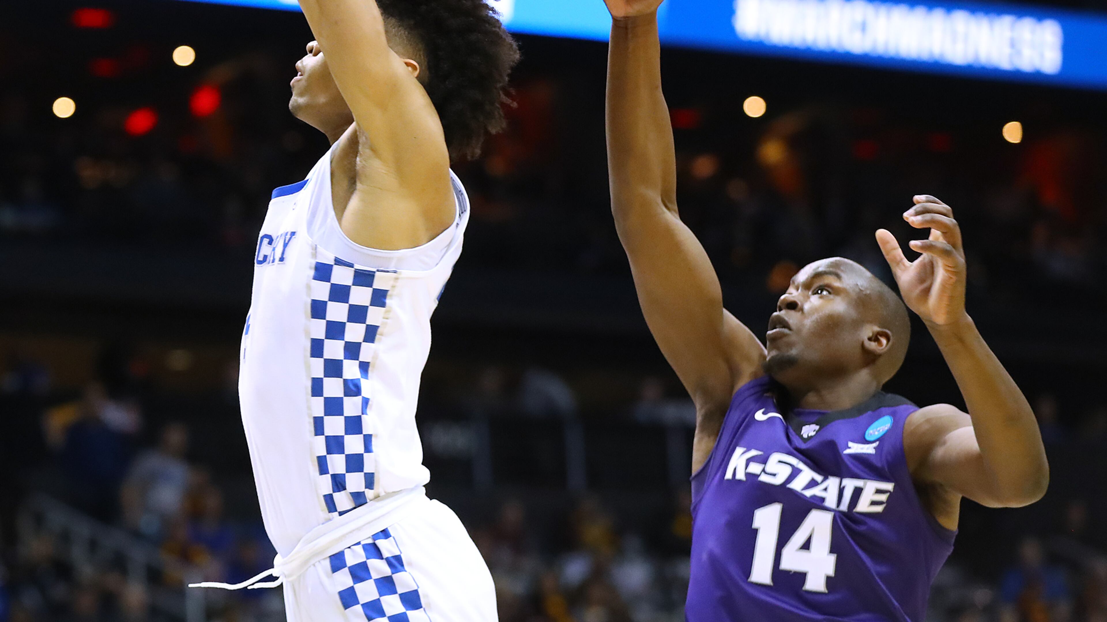 March 22, 2018 Atlanta: Kansas State forward Makol Mawien blocks a shot by Kentucky forward Nick Richards during the first half in a regional semifinal NCAA college basketball game on Thursday, March 22, 2018, in Atlanta. Curtis Compton/ccompton@ajc.com