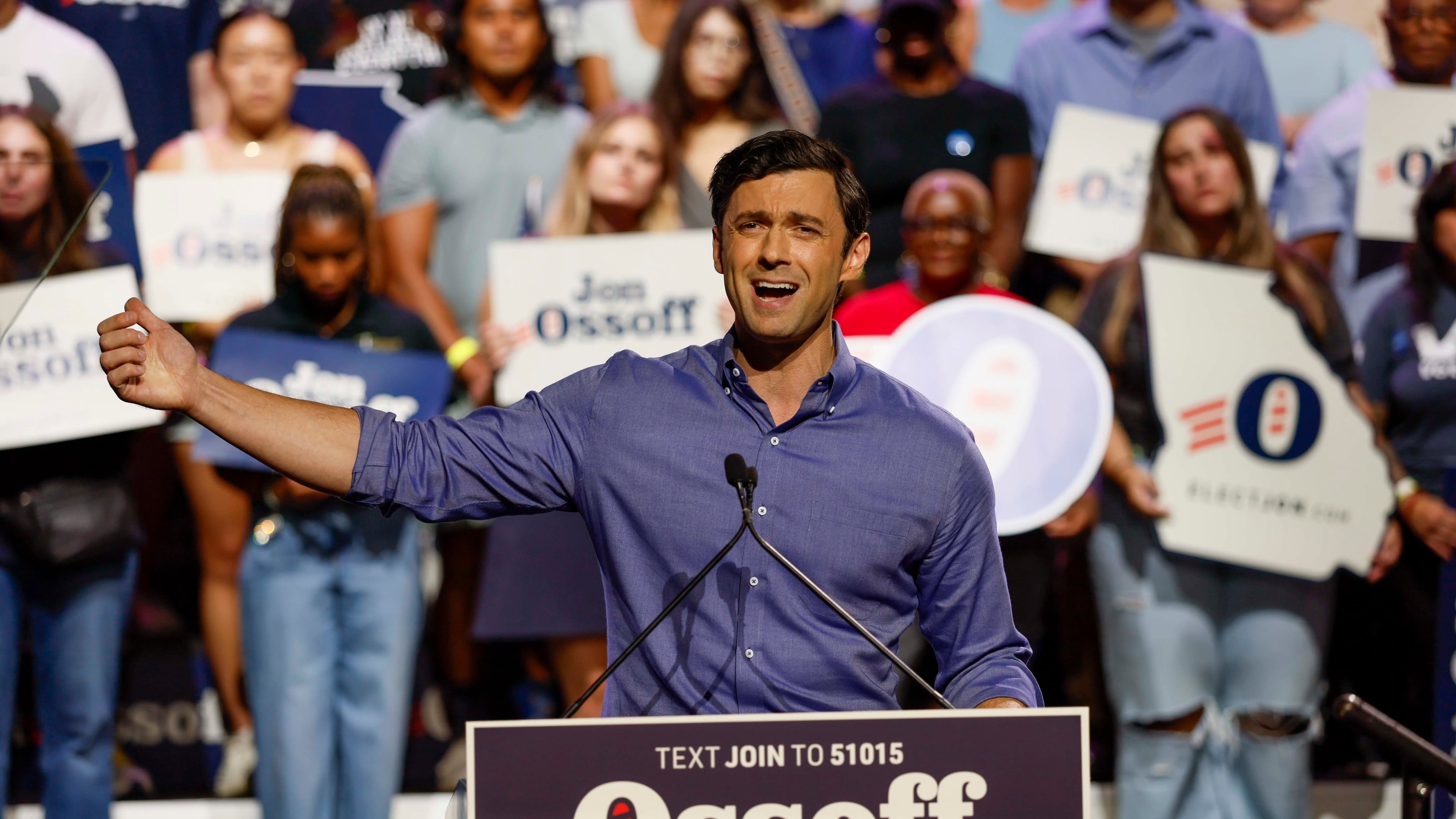 U.S. Sen. Jon Ossoff speaks to supporters during a campaign rally at the Center Stage Theater on Sunday, Aug. 16, 2026. (Miguel Martinez/AJC)