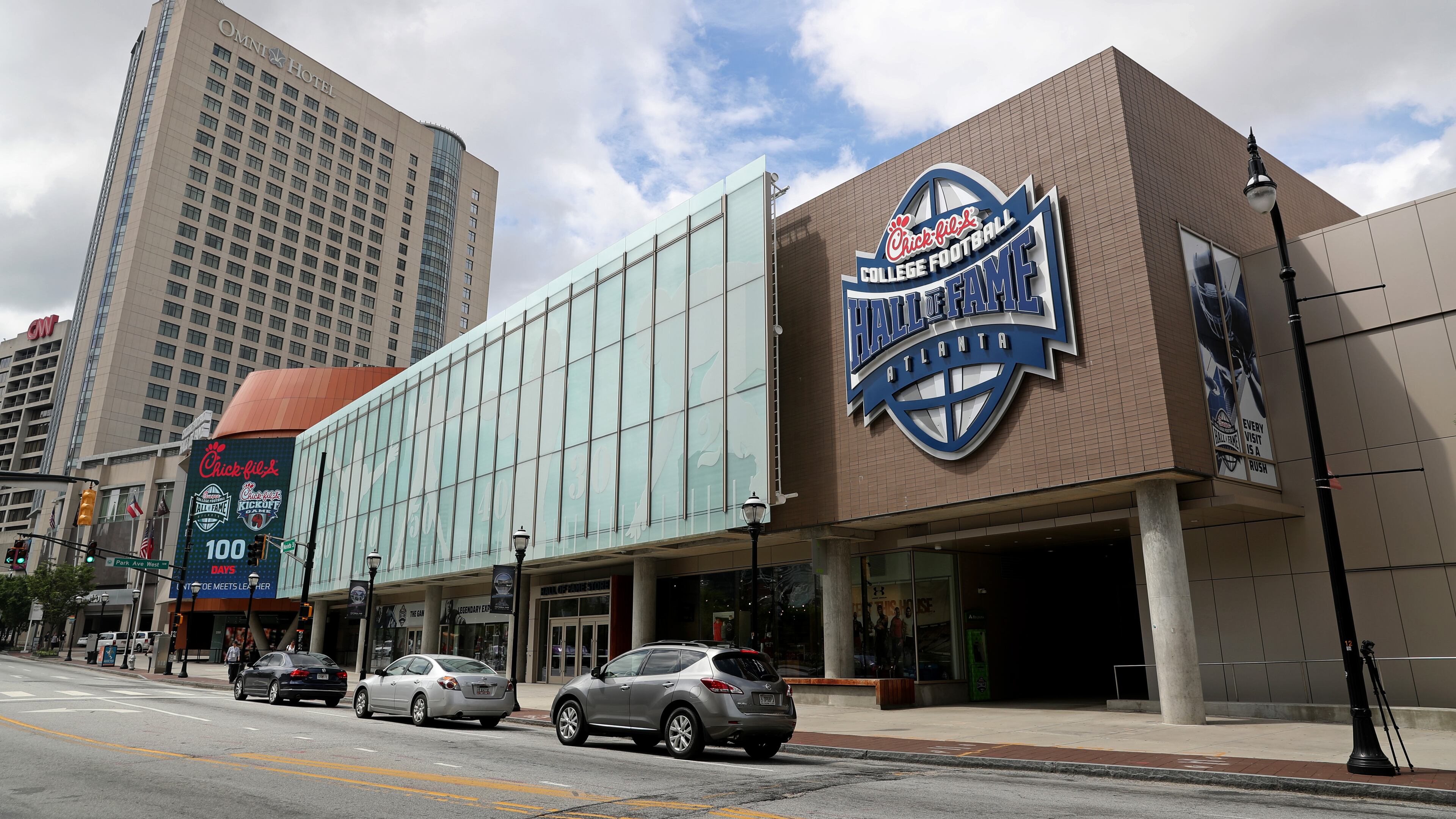May 24, 2018 - Atlanta, Ga: The new sign for the Chick-fil-A College Football Hall of Fame is shown Thursday, May 24, 2018, in Atlanta. In it's fourth year of operation in Atlanta, the College Football Hall of Fame announced an expansion of the attraction's relationship with Atlanta-based Chick-fil-A. The College Football Hall of Fame is now officially known as the Chick-fil-A College Football Hall of Fame. (JASON GETZ/SPECIAL TO THE AJC)