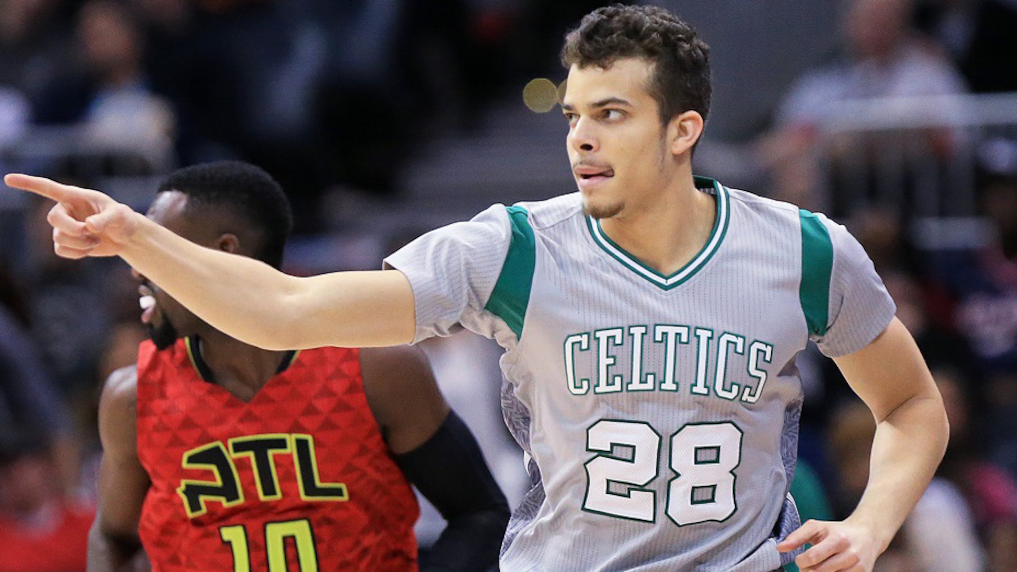 Celtics guard R.J. Hunter points to a teammate after he scored against the Hawks on a good pass in a basketball game on Tuesday, Nov. 24, 2015, in Atlanta. Curtis Compton / ccompton@ajc.com