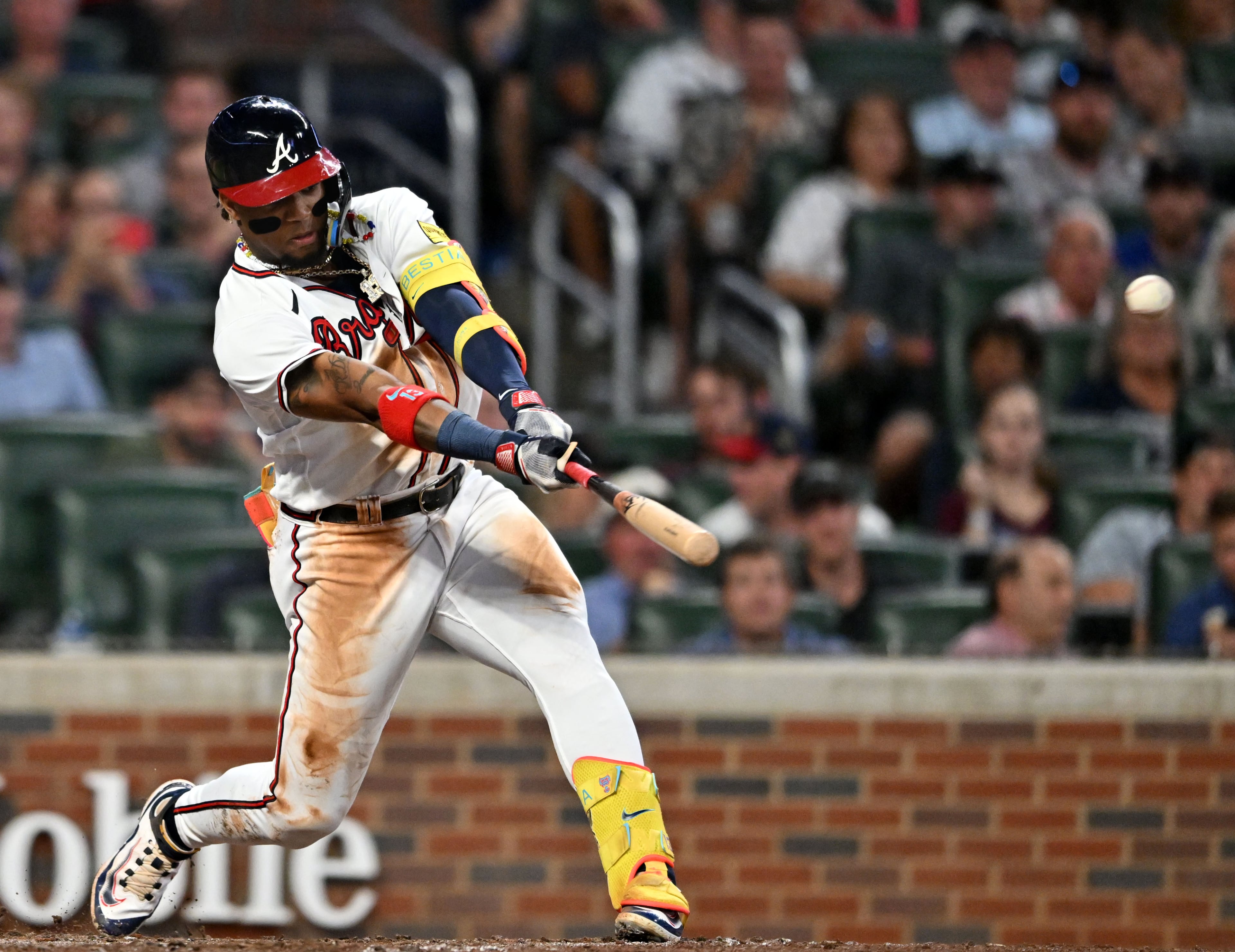 Atlanta Braves' right fielder Ronald Acuna Jr. (13) hits a solo home run during the sixth inning at Truist Park, Tuesday, September 19, 2023, in Atlanta. Atlanta Braves won 9-3 over Philadelphia Phillies. (Hyosub Shin / Hyosub.Shin@ajc.com)