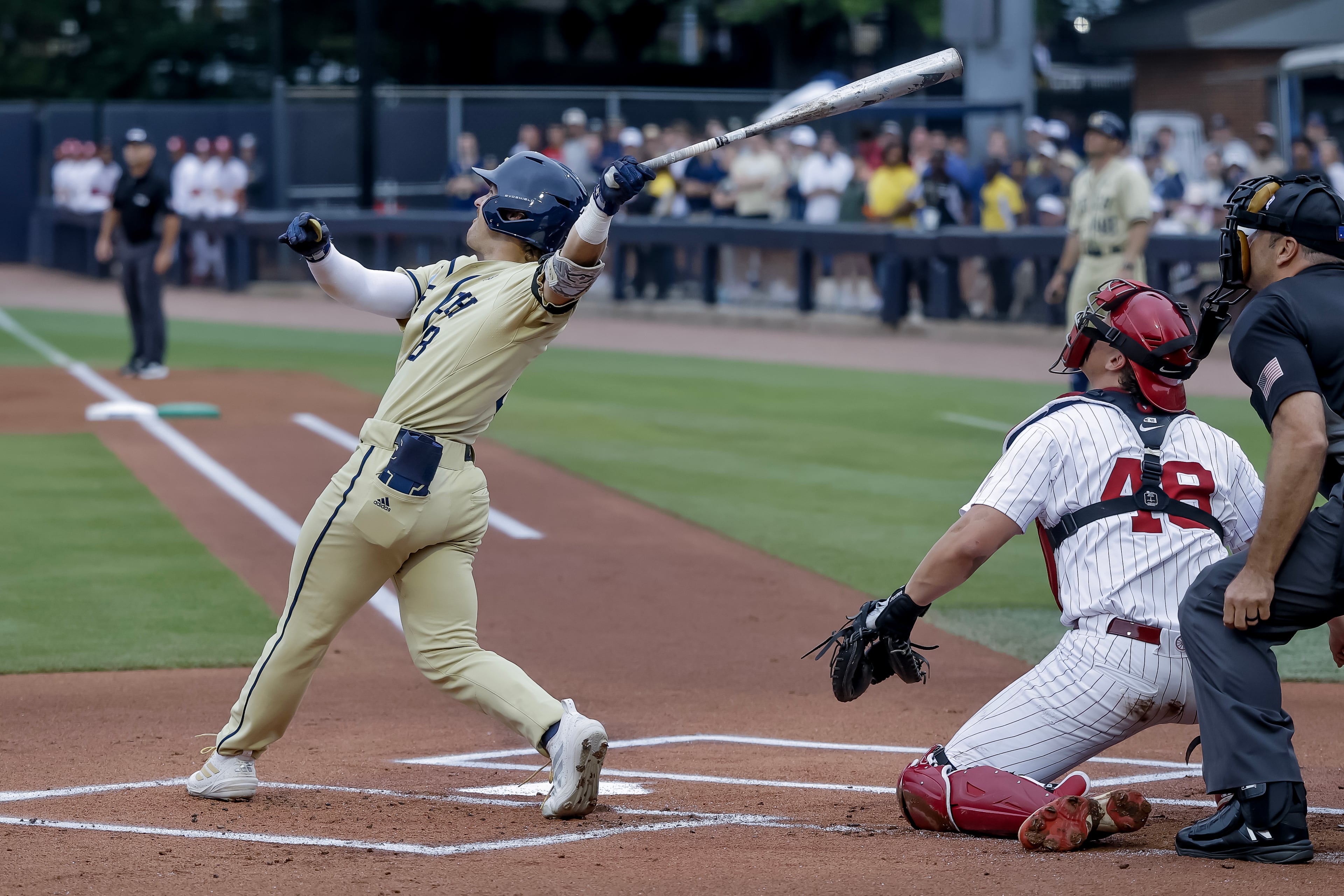 Georgia Tech's Drew Burress hits a two-run home against Oklahoma during the first inning of the Atlanta Regional game at Russ Chandler Stadium, Sunday, May 31, 2026, in Atlanta. Tech lost 15-8, setting up a rubber match with Oklahoma on Monday that will decide who advances. (Erik S. Lesser for the AJC)