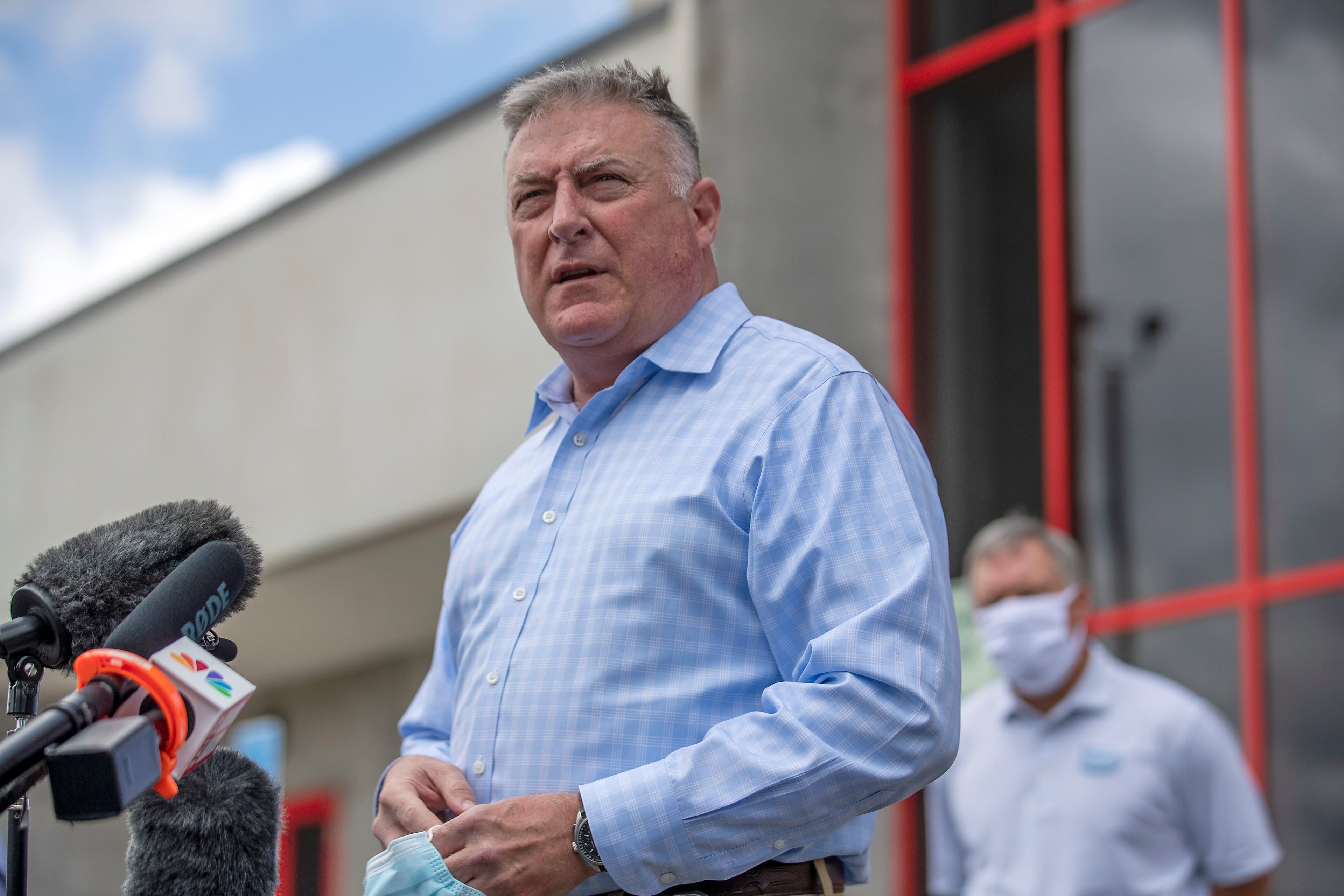 Georgia Insurance and Safety Fire Commissioner John King makes a statement and answers questions from the media following a tour of Fieldale Farms while visiting Gainesville, Ga., May 15, 2020. (Alyssa Pointer/AJC)
