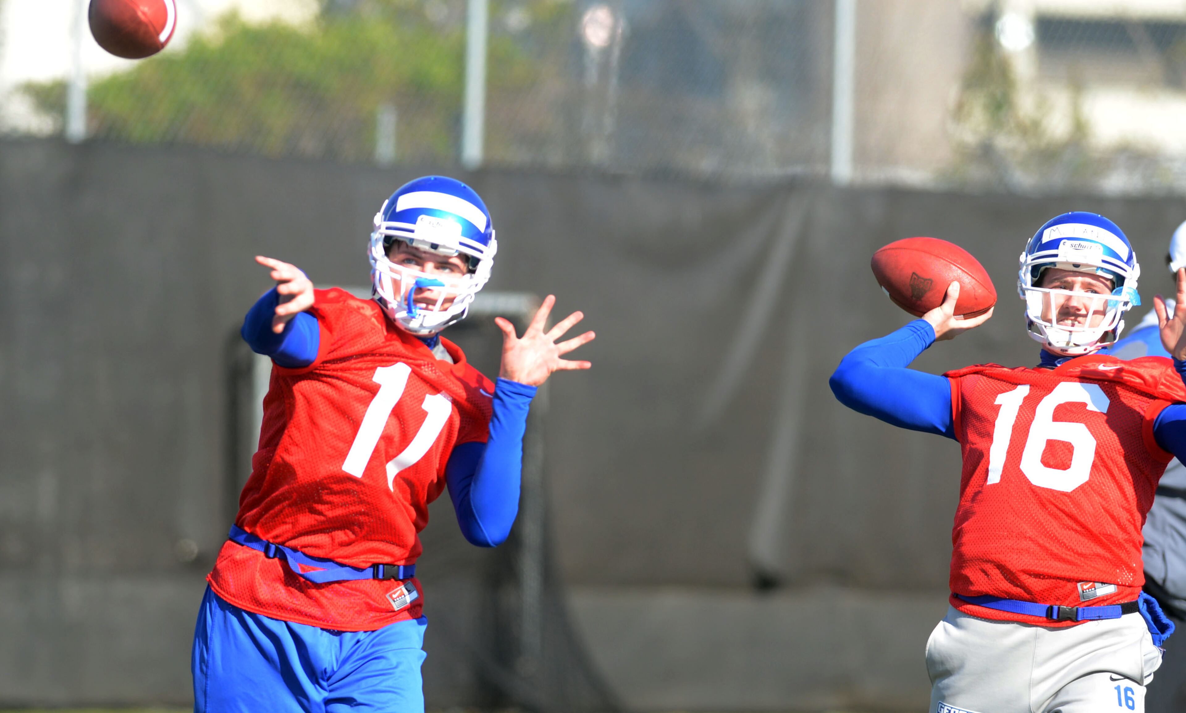 Junior college transfer Clay Chastain (#11) and Ben McLane (#16) throw during Weds practice. Georgia State opened its first spring practice under new head coach Trent Miles at the GSU Practice Complex in downtown Atlanta Wednesday, March 27, 2013.