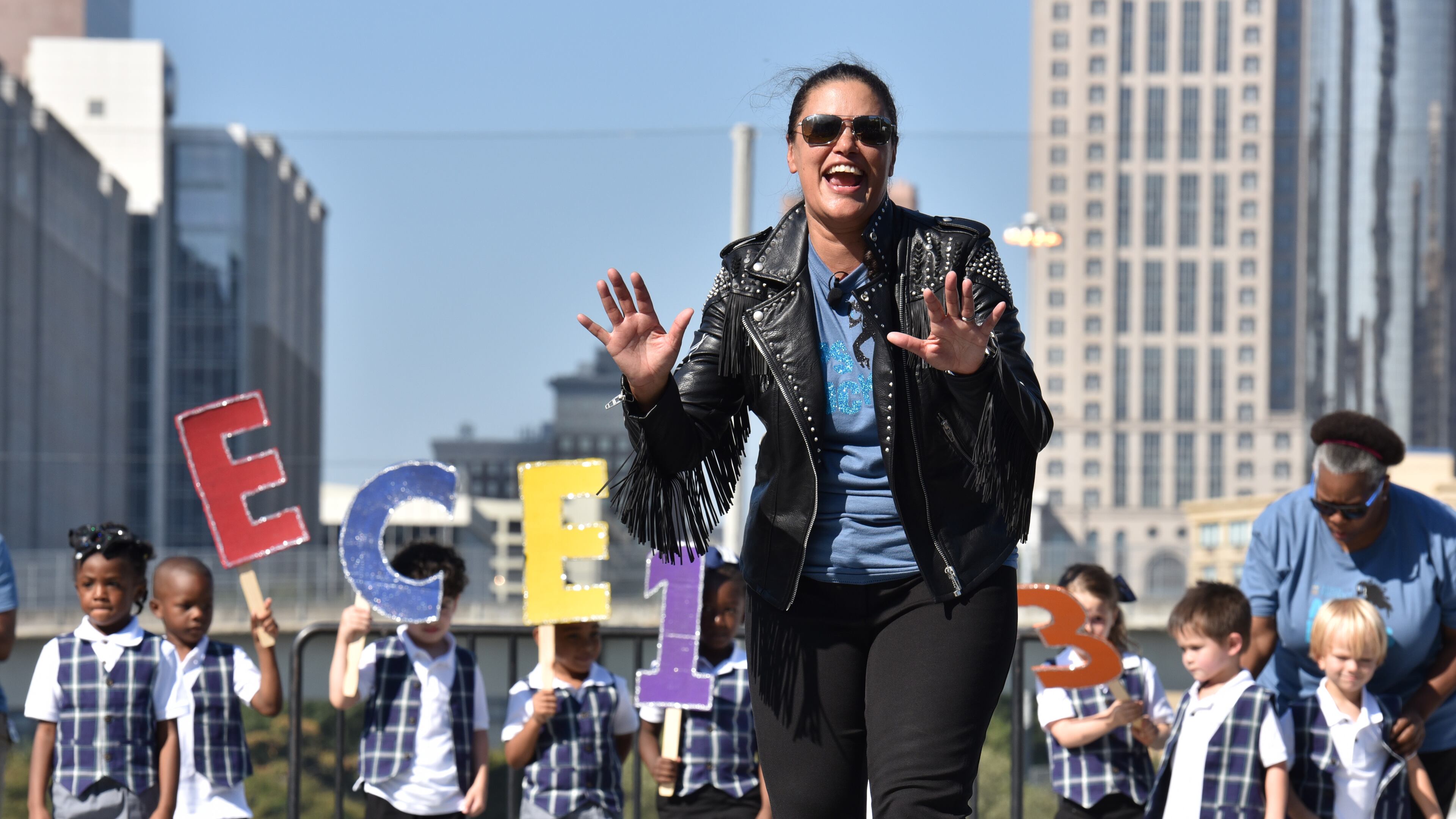 Atlanta Public Schools Superintendent Meria Carstarphen delivers her State of the District address in a non-traditional way while dancing and performing with students during the annual State of the District address event at the newly built Walden Sports Complex on Friday, October 5, 2018. The annual State of the District address has transformed from a straight-forward podium presentation into the premiere opportunity for Superintendent Dr. Meria Carstarphen to publicly report on the work of the district to achieve our mission to ensure all students graduate ready for college and career. HYOSUB SHIN / HSHIN@AJC.COM