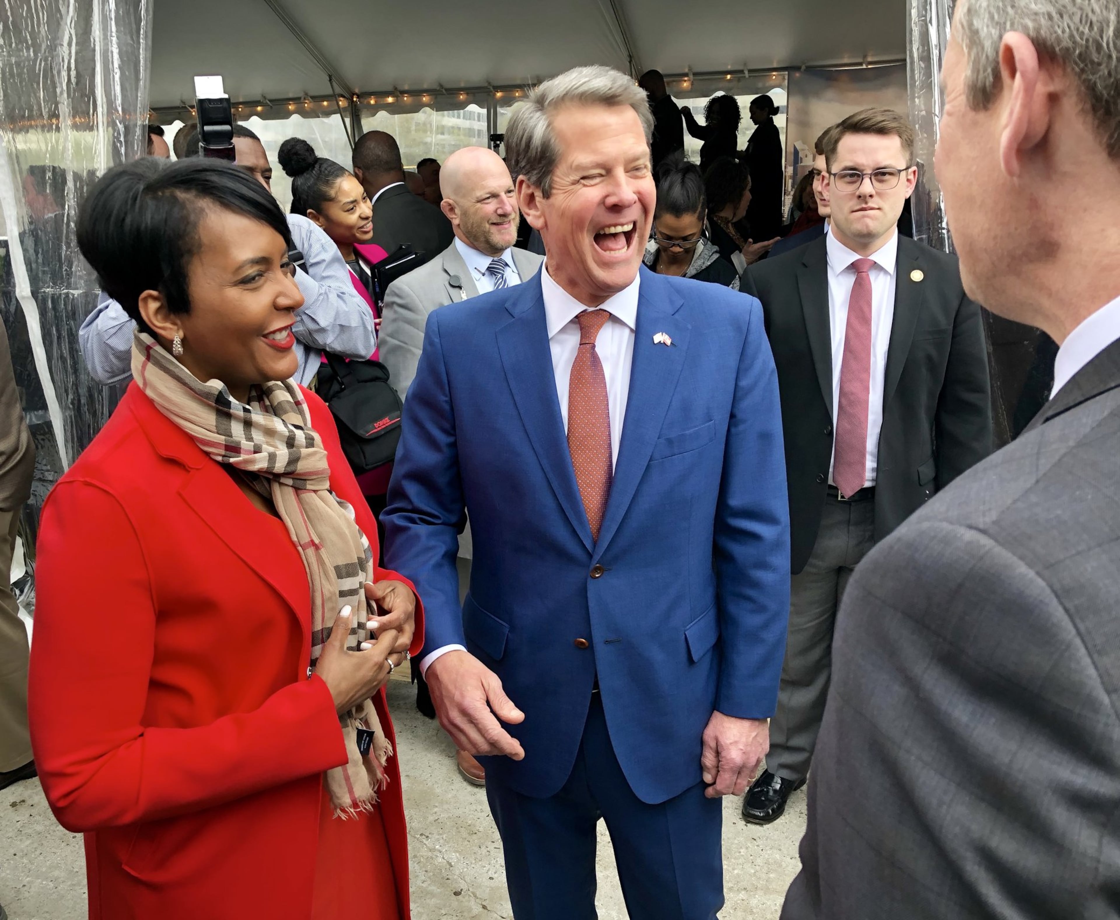 Then Atlanta Mayor Keisha Lance Bottoms, left, and Gov. Brian Kemp in 2019. (J. Scott Trubey/AJC)