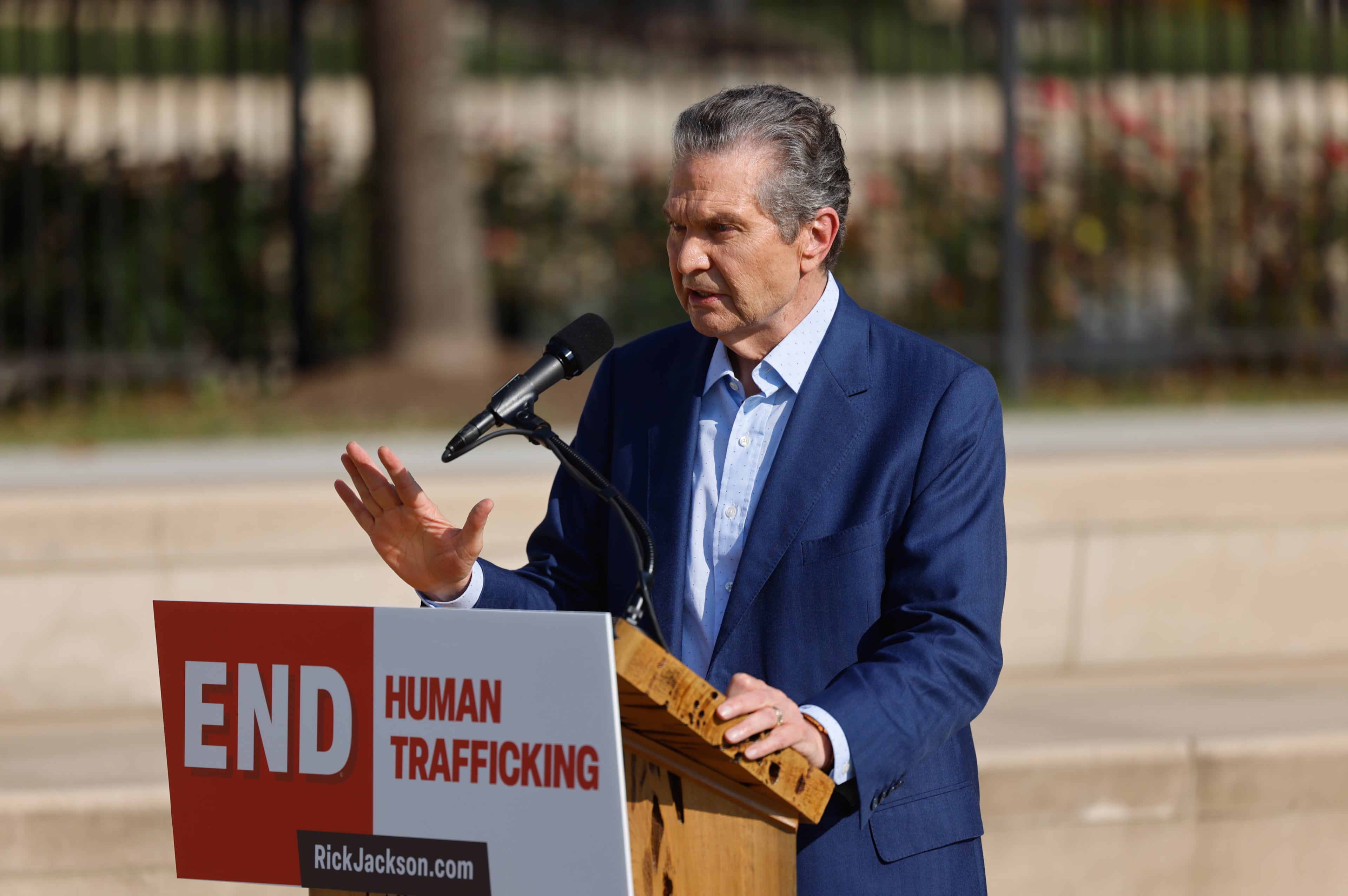 Republican nominee for governor Rick Jackson — seen here at a news conference in Atlanta last week — said Tuesday that his administration would seek to broaden Medicaid coverage while preserving work requirements for some recipients. (Arvin Temkar/AJC)