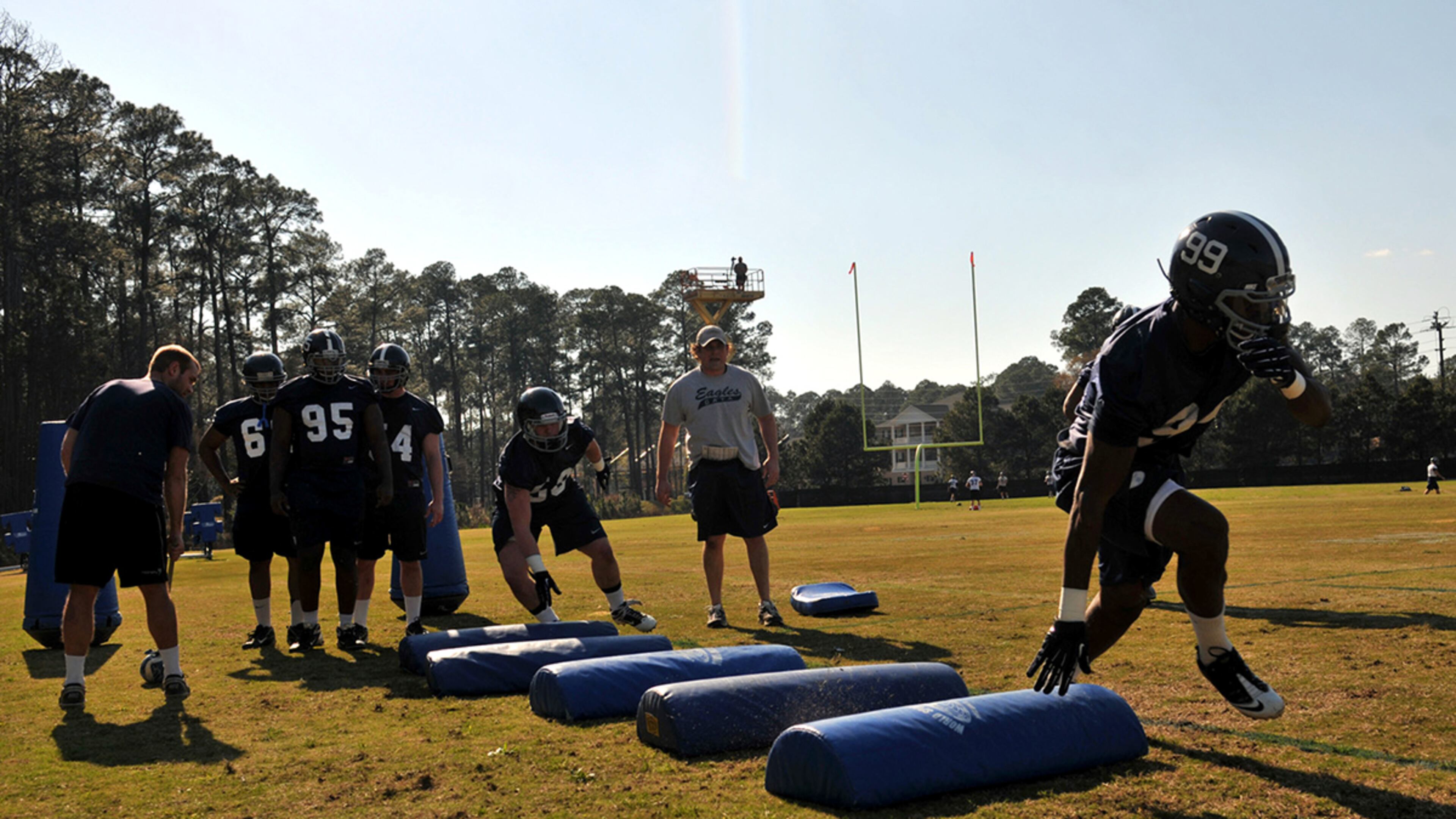 Defensive linemen run drills during Georgia Southern's spring football practice March 13 in Statesboro, Ga.