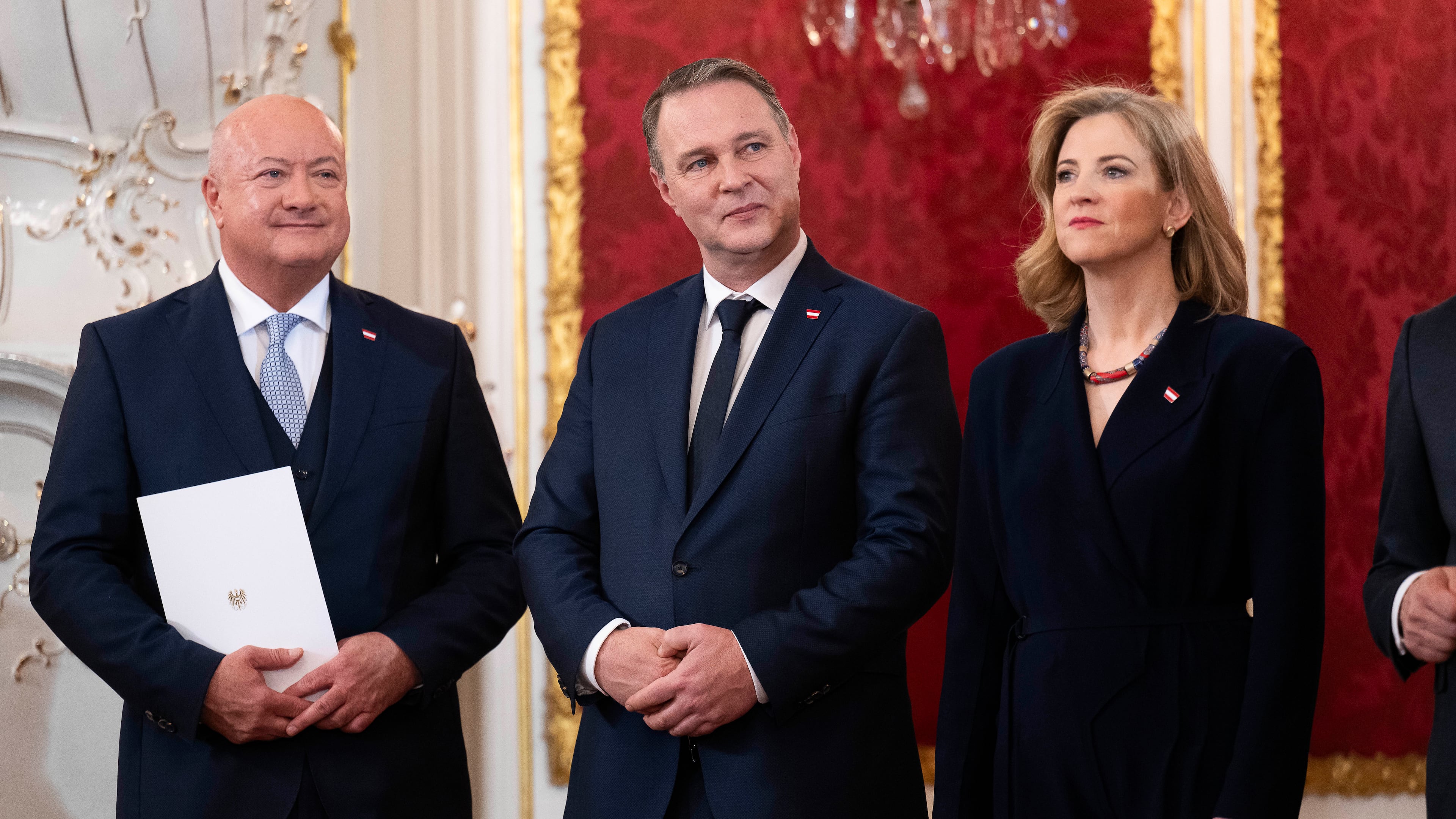 FILE - Chancellor Christian Stocker, left, Vice Chancellor Andreas Babler, centre, and Foreign minister Beate Meinl-Reisinger attend the swearing-in ceremony of the Federal Government in the presidential office at the Hofburg Palace, in Vienna, Austria, Monday, March 3, 2025. (AP Photo/Denes Erdos, File)