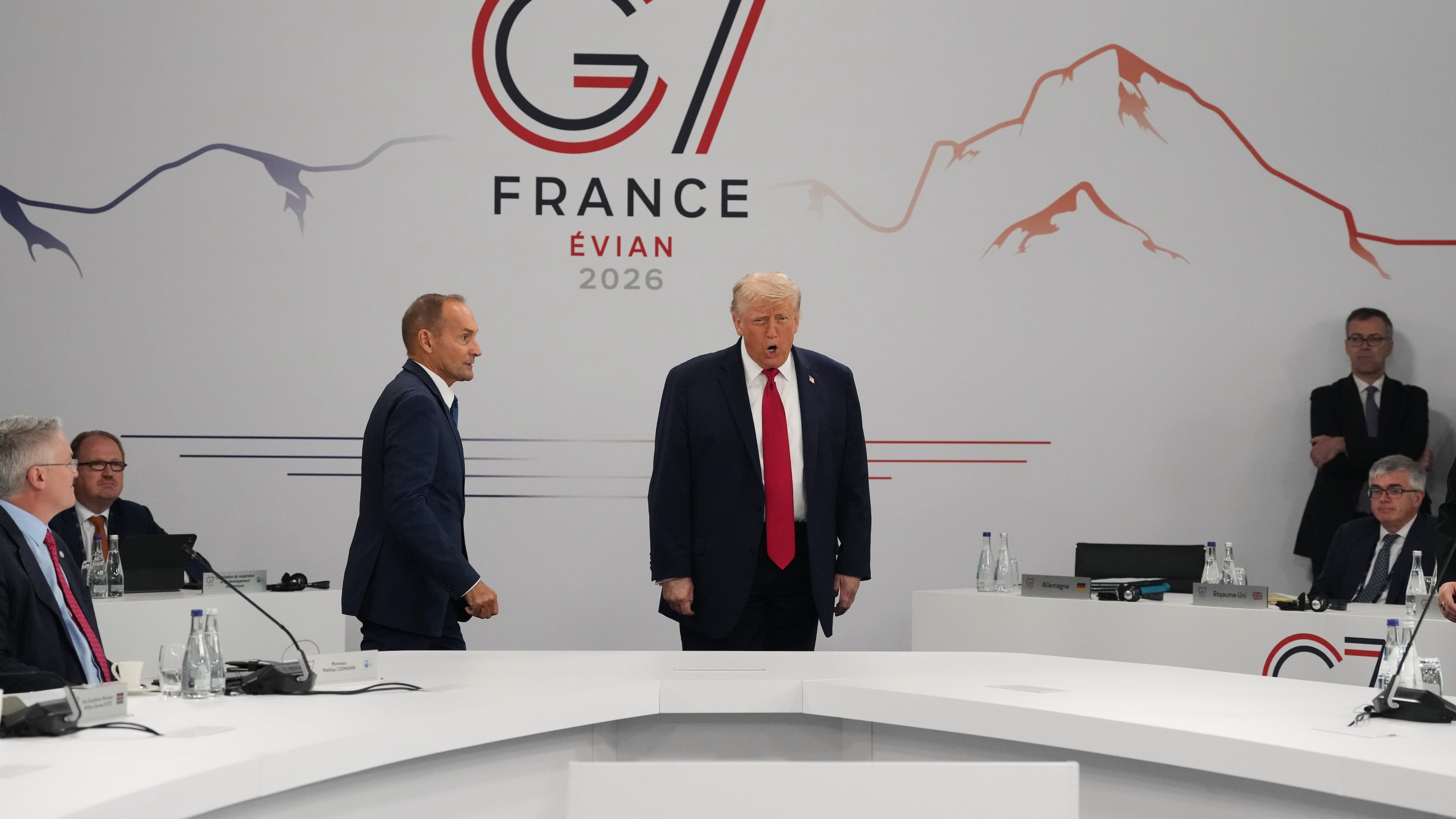 U.S. President Donald Trump arrives for a working session at the G7 summit in Evian-les-Bains, France, Wednesday, June 17, 2026. (AP Photo/Thibault Camus)