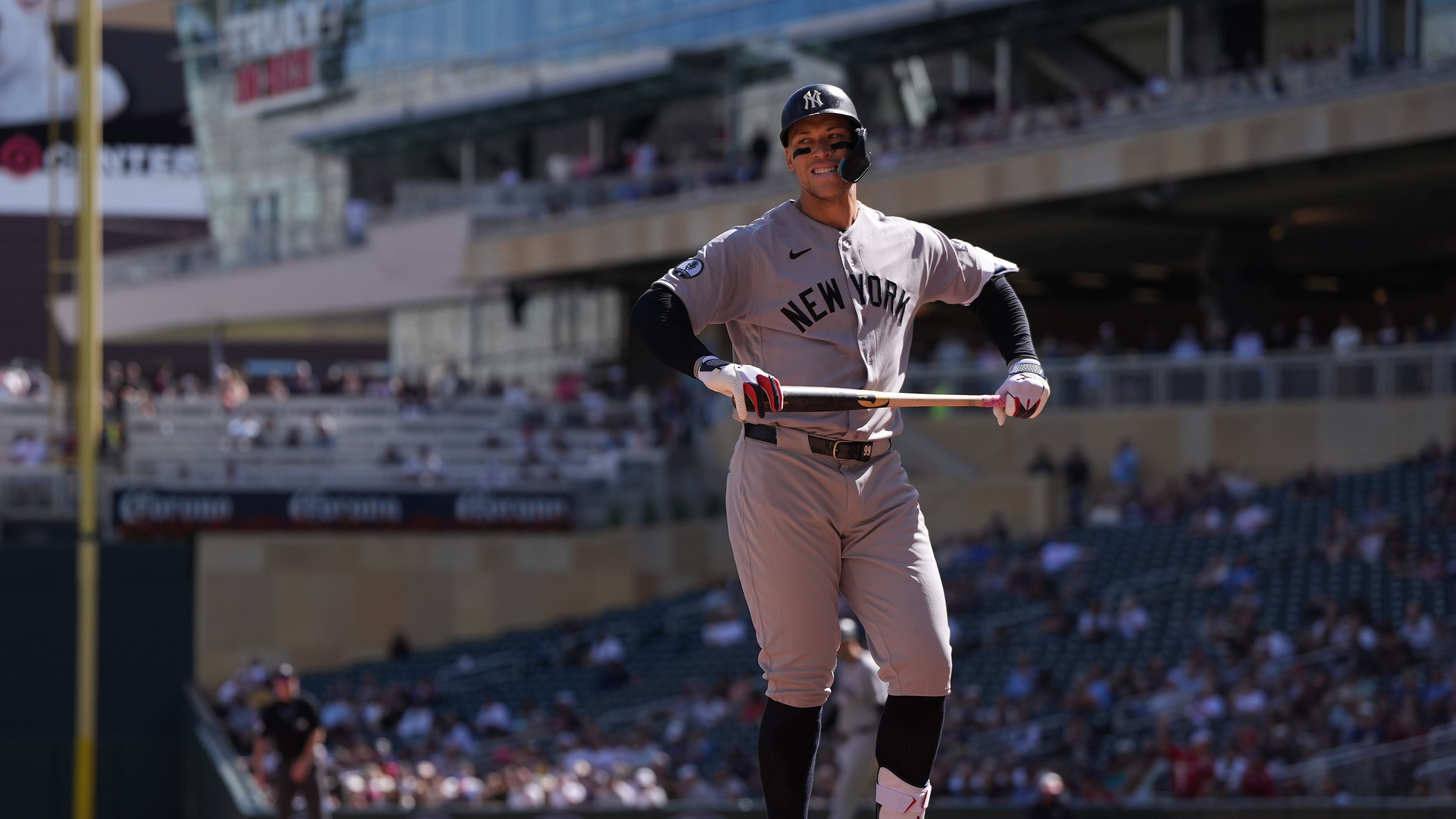 New York Yankees' Aaron Judge reacts after striking out during the third inning of a baseball game against the Minnesota Twins, Wednesday, Sept. 16, 2026, in Minneapolis. (AP Photo/Abbie Parr)