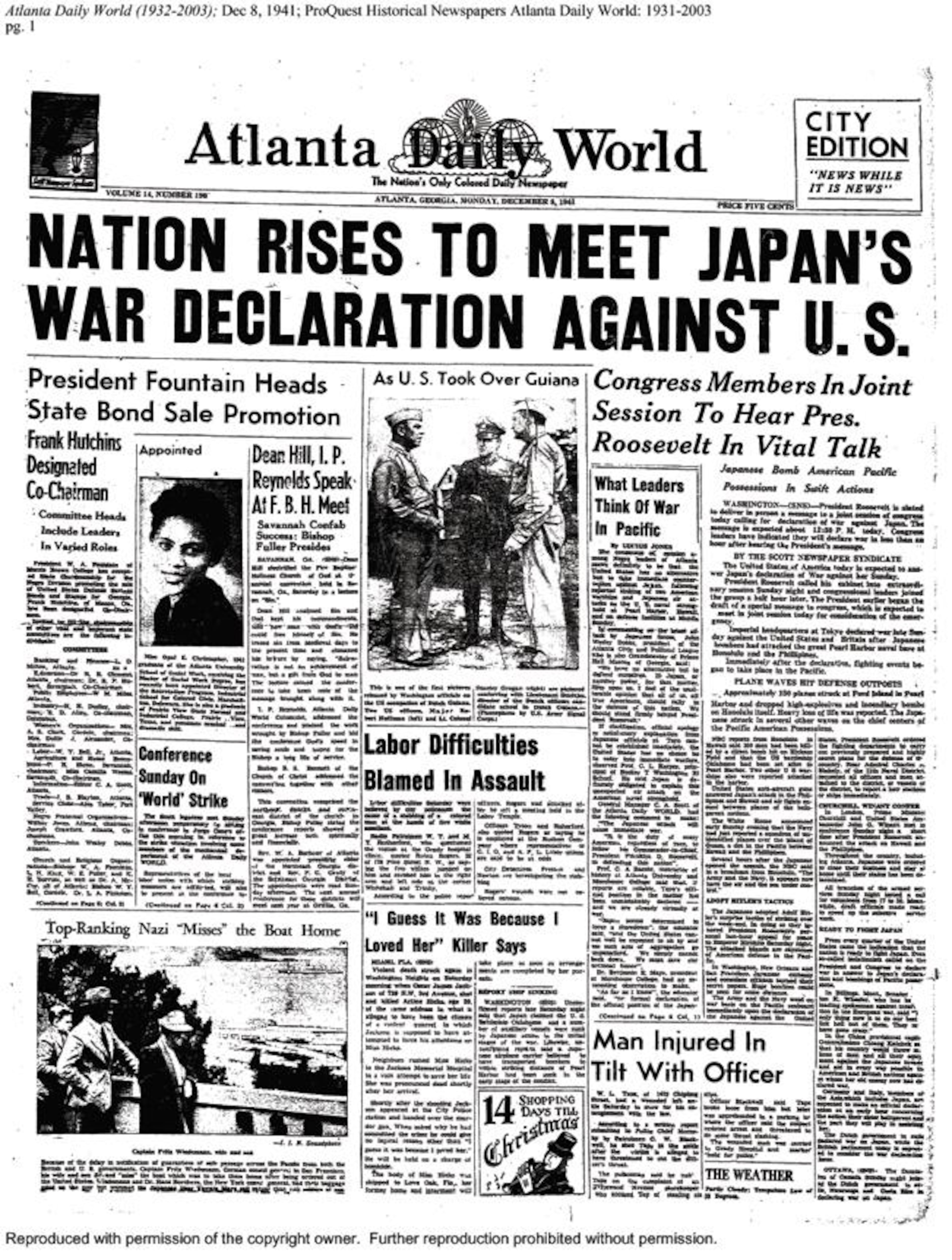 Sometimes events surpassed race, including this Atlanta Daily World cover the morning after Pearl Harbor was attacked.