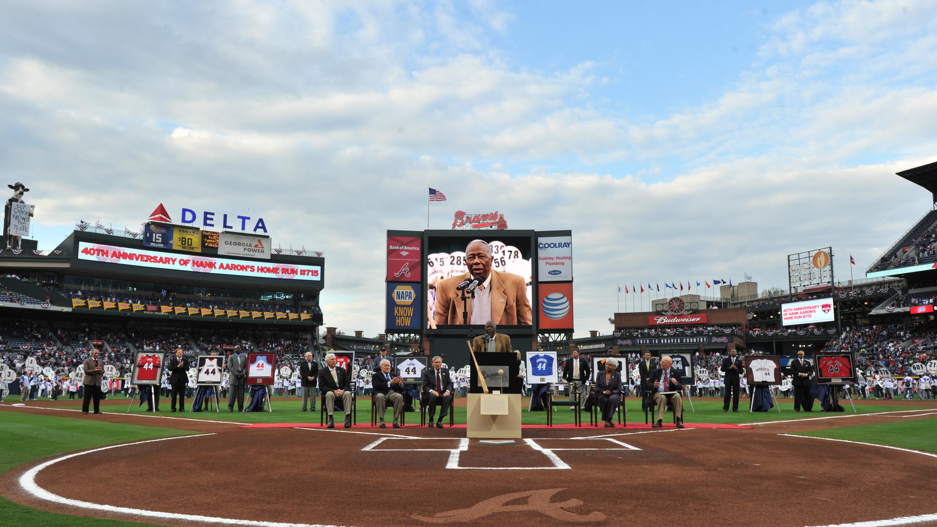 Hank Aaron speaks during a pregame ceremony to recognize the 40th anniversary of Hank Aaron's historic 715th home run before the season opener at Turner Field in Atlanta on Tuesday, April 8, 2014. HYOSUB SHIN / HSHIN@AJC.COM