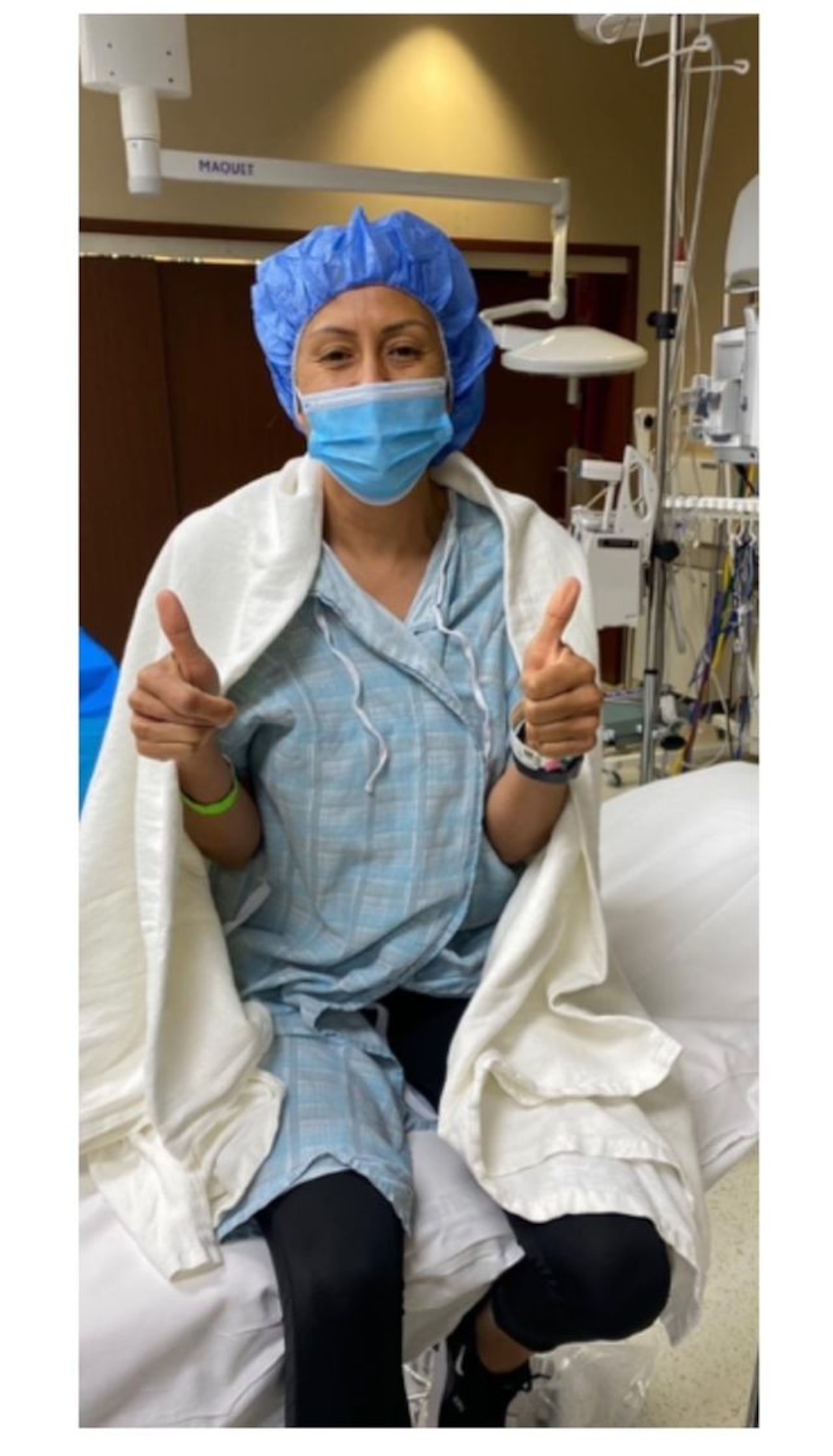 Sonia Ray gives a thumbs up after her breast cancer surgery. She started Harbor of Hope to support women with breast cancer living south of Atlanta. The nonprofit also has a support group just for Hispanic women. (Courtesy of Sonia Ray)