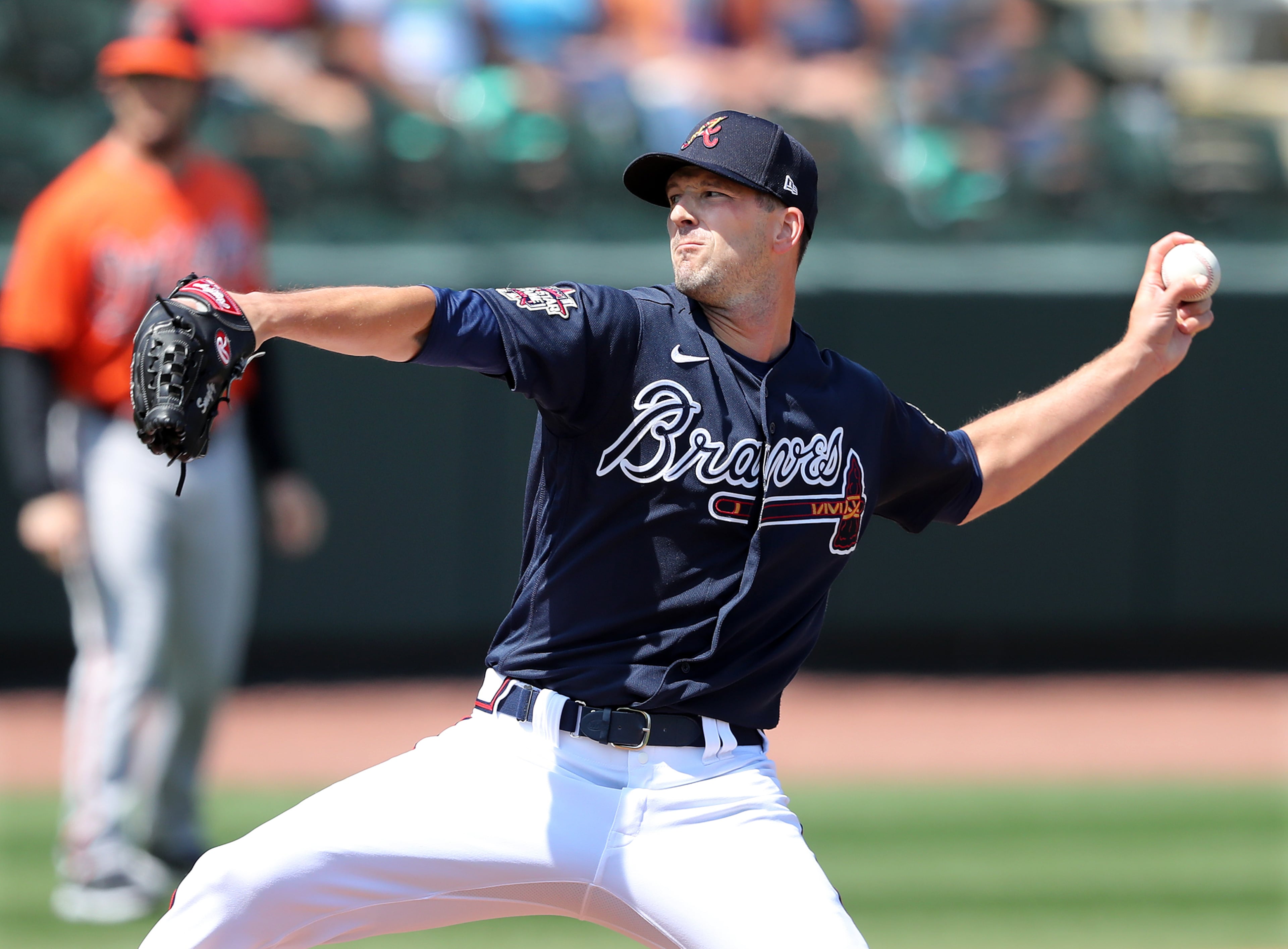 Atlanta Braves starting pitcher Drew Smyly - a free agent addition this offseason - delivers against the Baltimore Orioles during the first inning Wednesday, March 3, 2021, at CoolToday Park in North Port, Fla. (Curtis Compton / Curtis.Compton@ajc.com)
