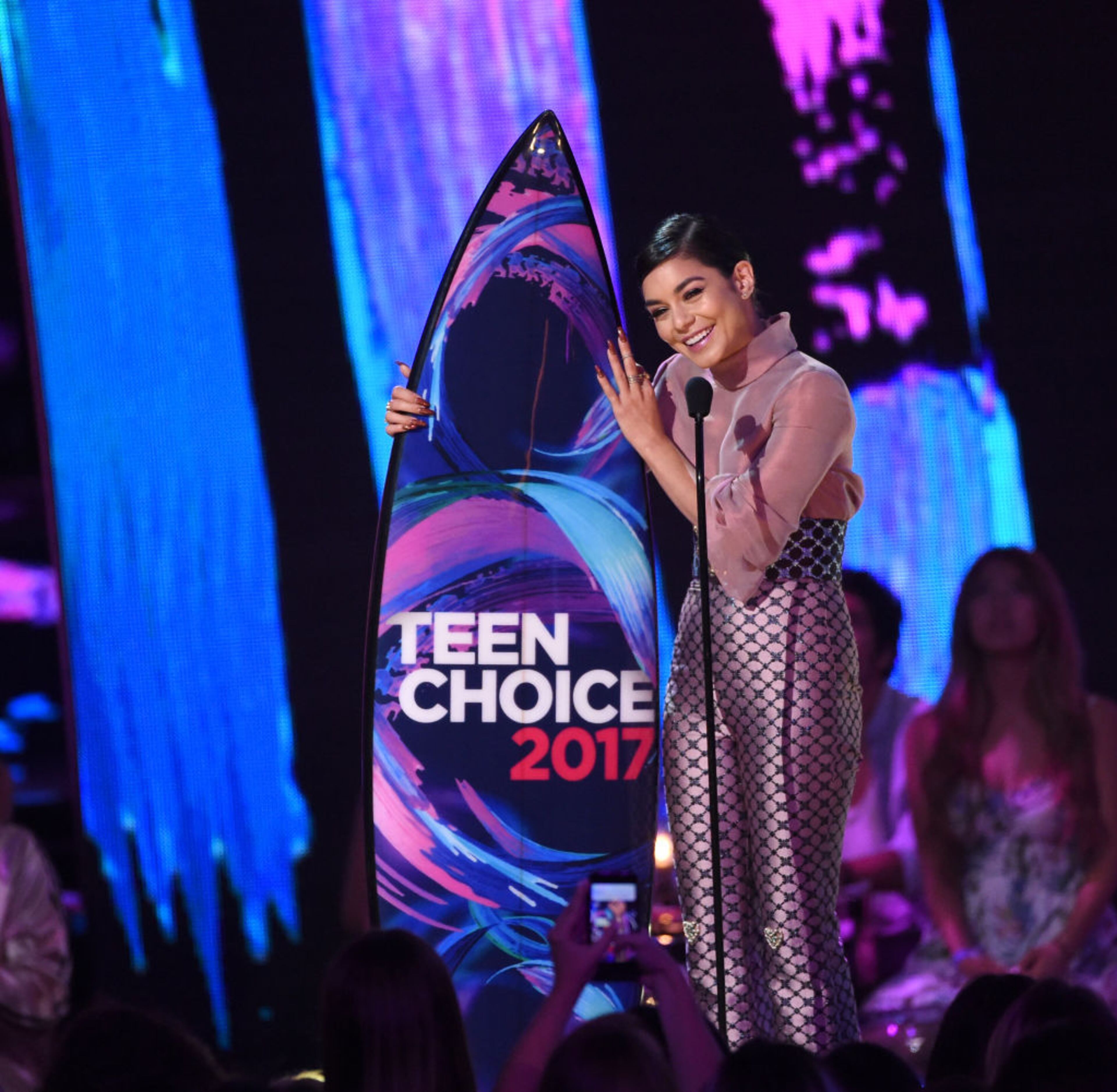 LOS ANGELES, CA - AUGUST 13: Vanessa Hudgens accepts the #SeeHer Award onstage during the Teen Choice Awards 2017 at Galen Center on August 13, 2017 in Los Angeles, California. (Photo by Kevin Winter/Getty Images)