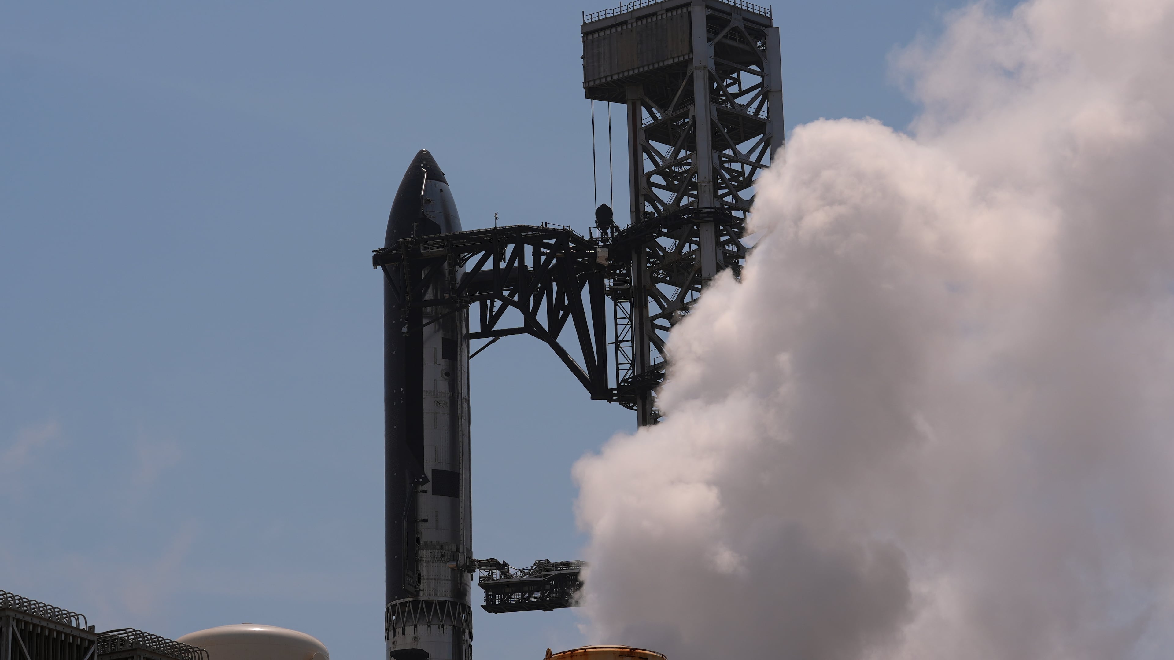 SpaceX's latest version of it's mega rocket Starship is prepared for a test flight from Starbase, Texas, Wednesday, May 20, 2026. (AP Photo/Eric Gay)