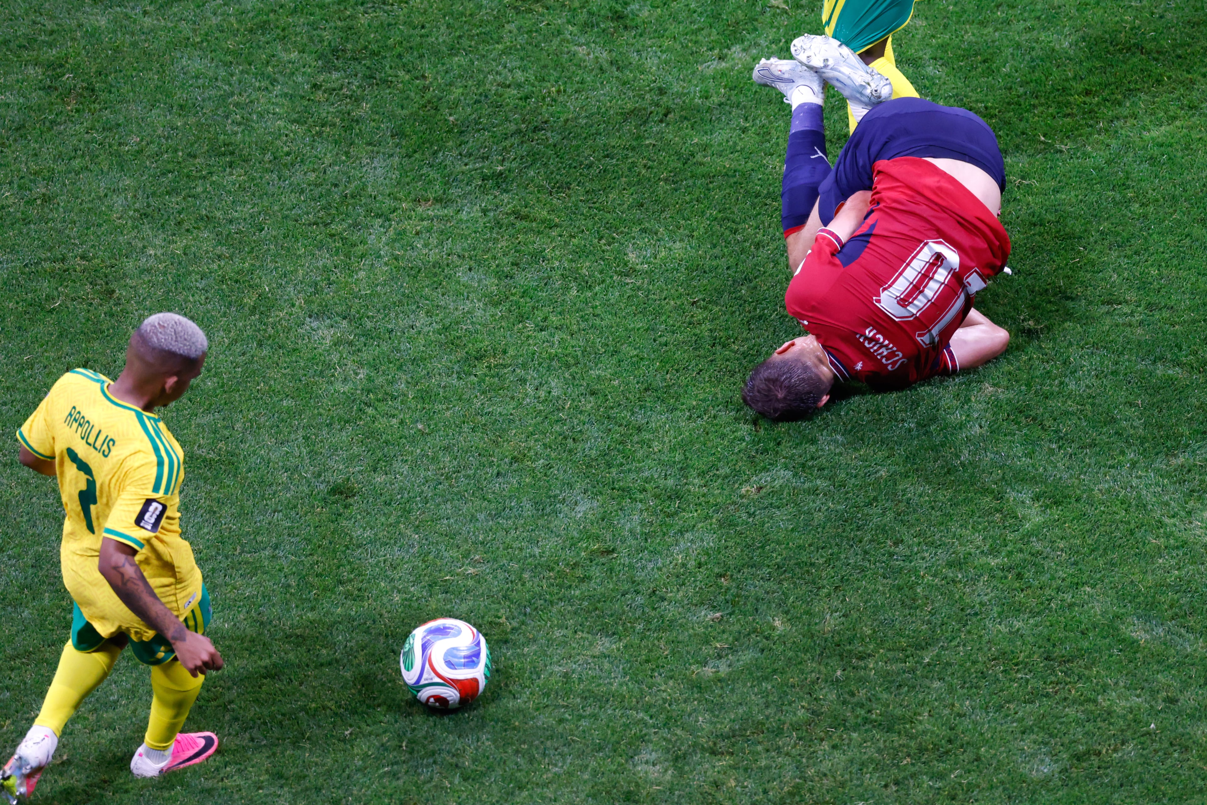 Czechia forward Patrik Schick (top) falls onto the field in the first half of the Czechia vs. South Africa game at the FIFA World Cup at Atlanta Stadium on Thursday, June 18, 2026. (Arvin Temkar/AJC)