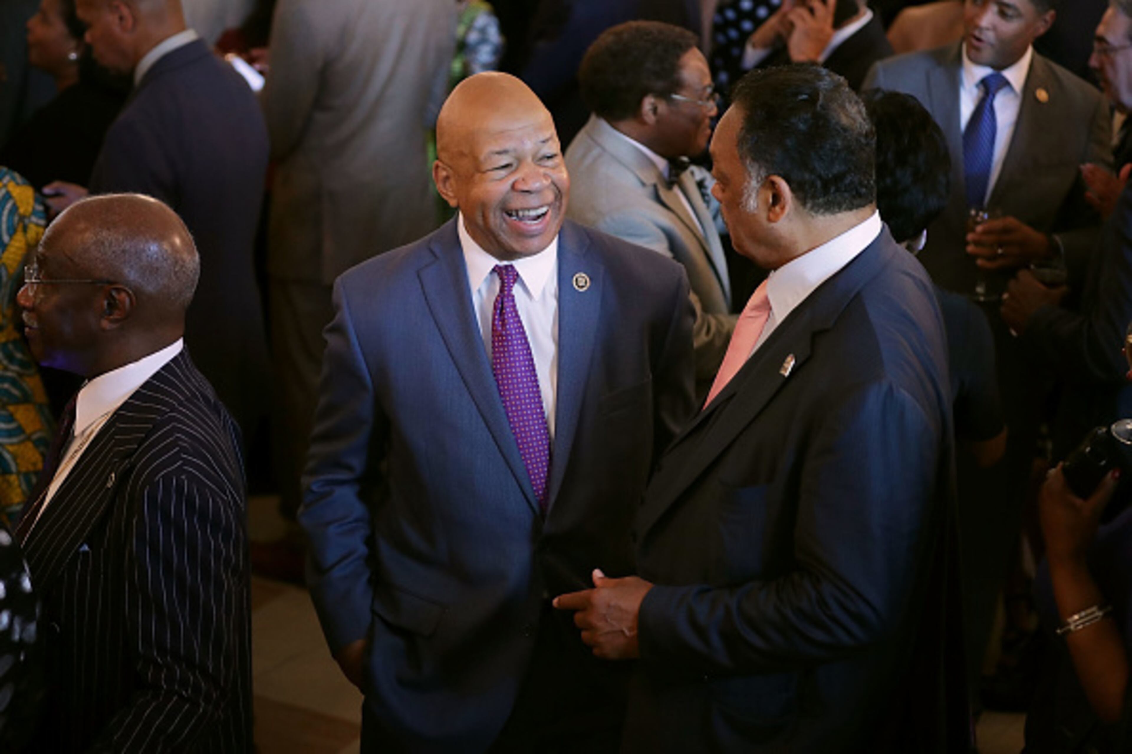 WASHINGTON, DC - SEPTEMBER 23: Rep. Elijah Cummings (D-MD) (L) visits with Rev. Jesse Jackson during a reception in honor of the opening of the Smithsonian National Museum of African American History and Culture at the White House September 23, 2016 in Washington, DC. Presidents Barack Obama and George W. Bush will be among the guests to help open the museum to the public Saturday. (Photo by Chip Somodevilla/Getty Images)