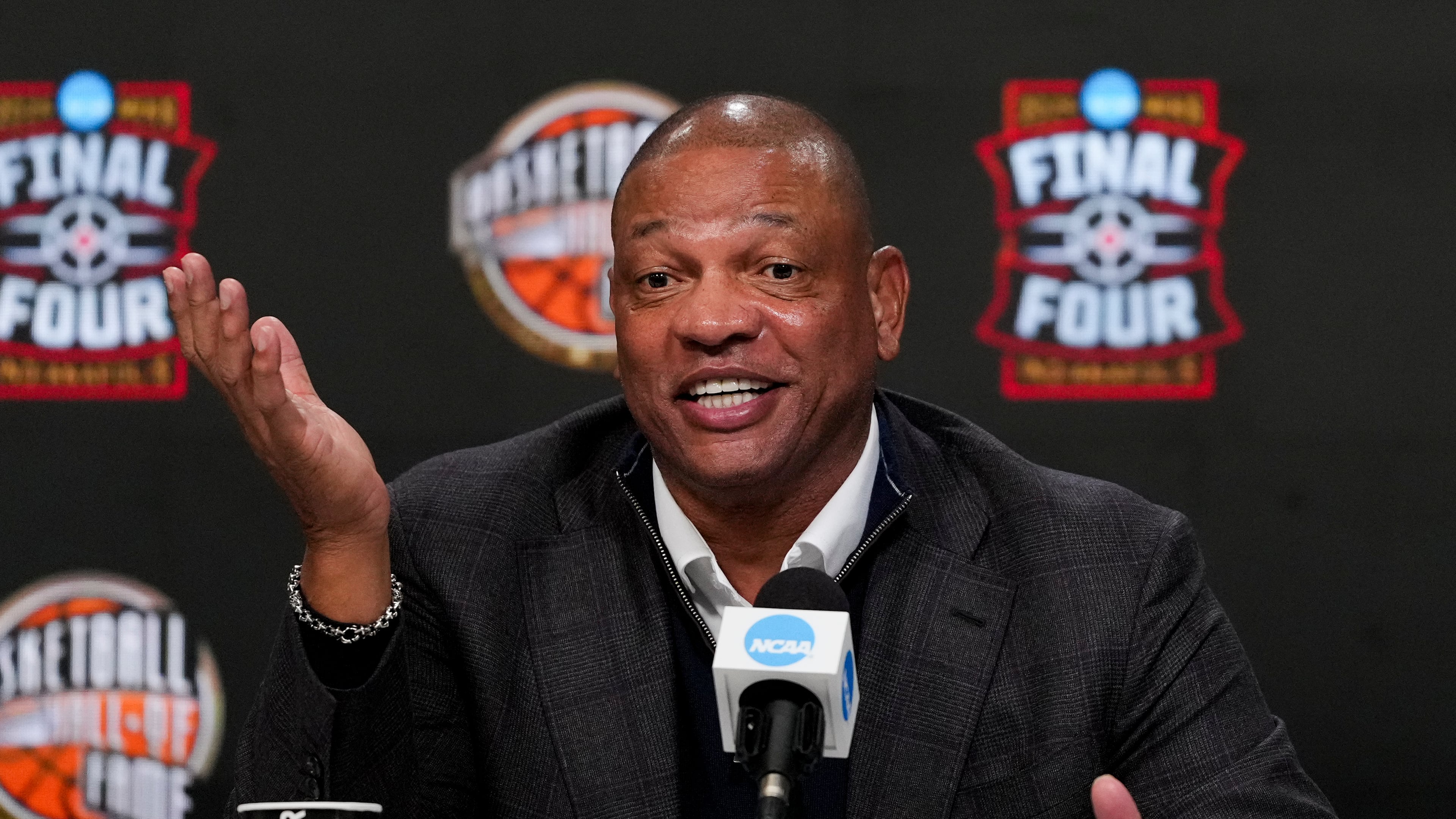Naismith Hall of Fame Class of 2026 inductee Doc Rivers speaks during a news conference at the Final Four of the NCAA college basketball tournament, Saturday, April 4, 2026, in Indianapolis. (AP Photo/Michael Conroy)