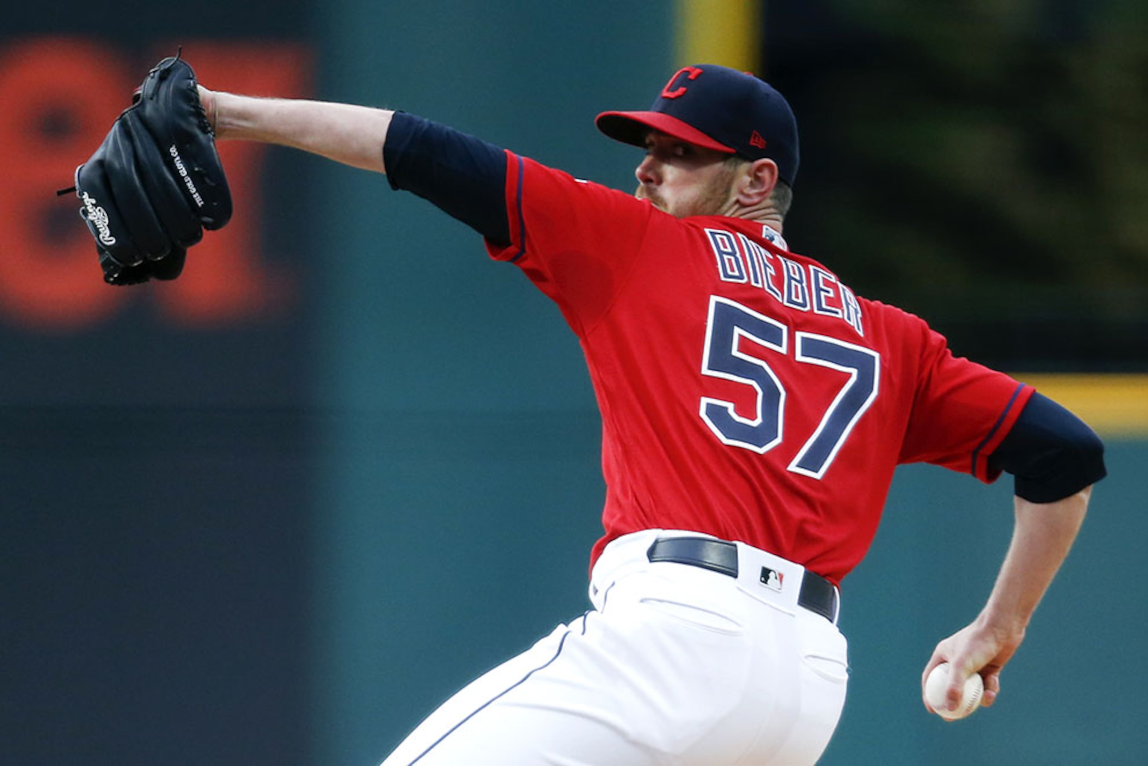 Cleveland starter Shane Bieber pitches against the Atlanta Braves during the first inning Sunday, April 21, 2019, at Progressive Field in Cleveland.