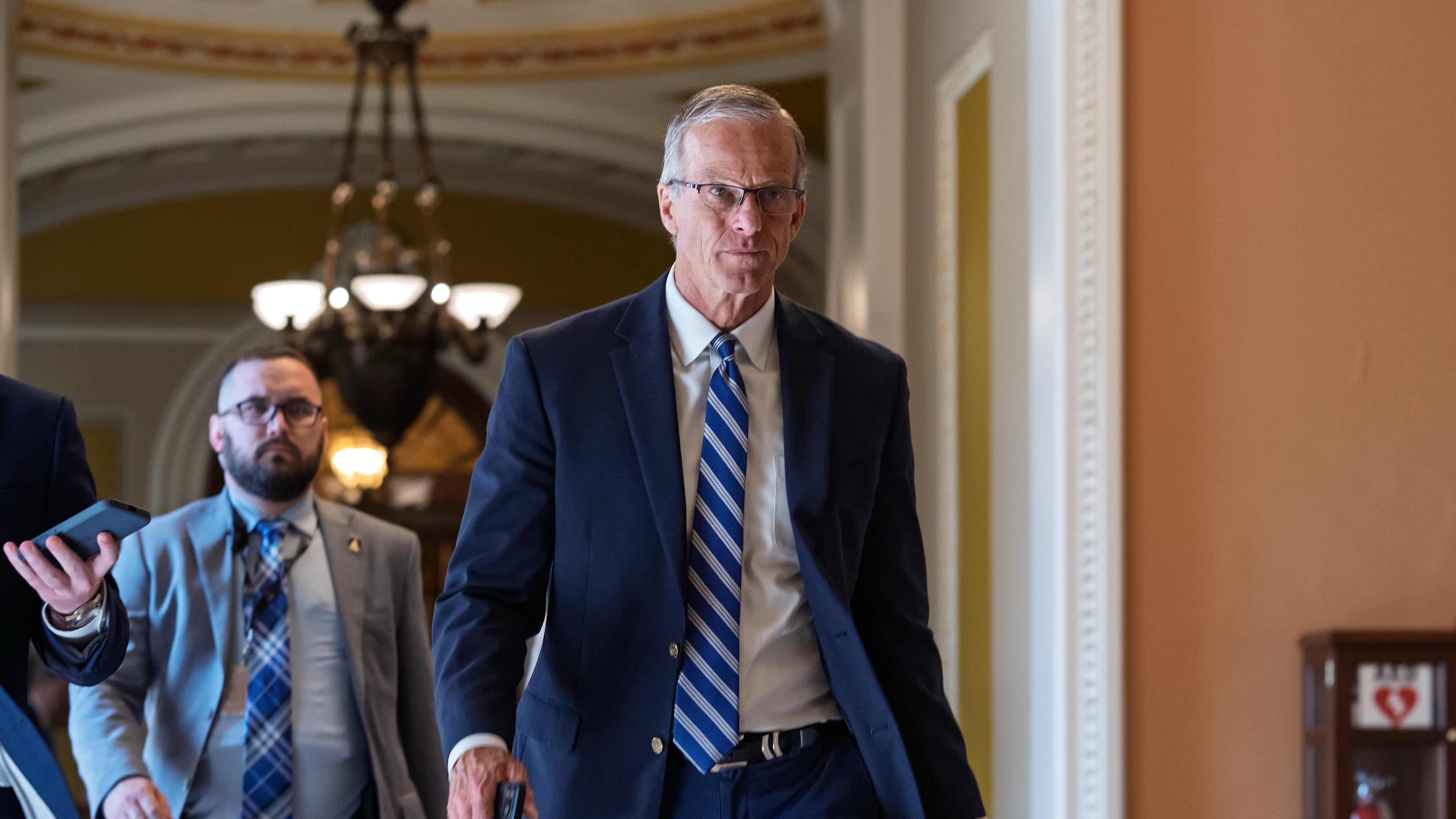 Senate Majority Leader John Thune, R-S.D., walks from the chamber to his office at the Capitol in Washington, Thursday, June 4, 2026. (AP Photo/J. Scott Applewhite)