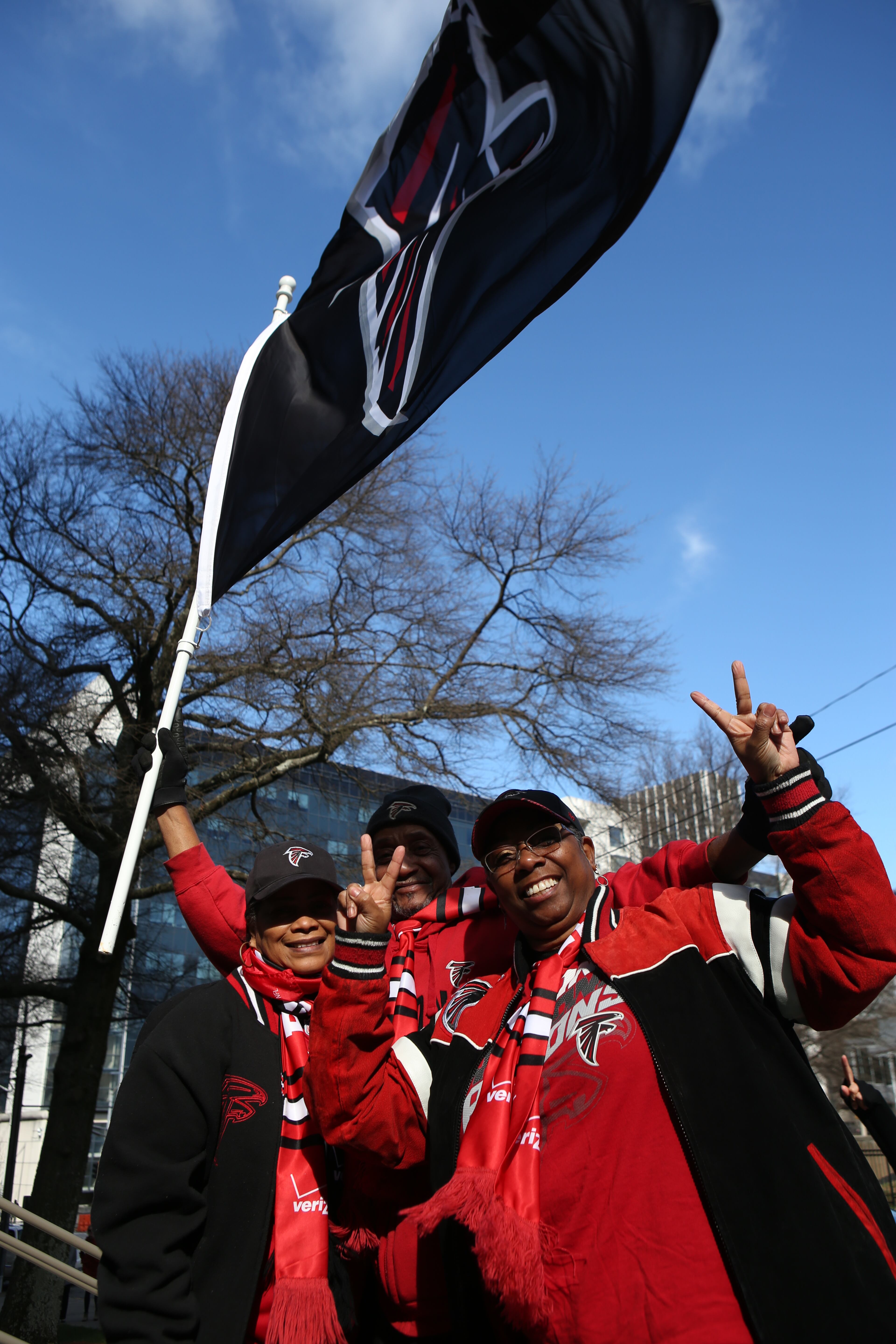 January 27, 2017, Atlanta, Georgia - Fans get pumped outside the Atlanta Falcons pep rally held by Mayor Kasim Reed at City hall in Atlanta, Georgia, on Friday, January 27, 2017. (HENRY TAYLOR / HENRY.TAYLOR@AJC.COM)