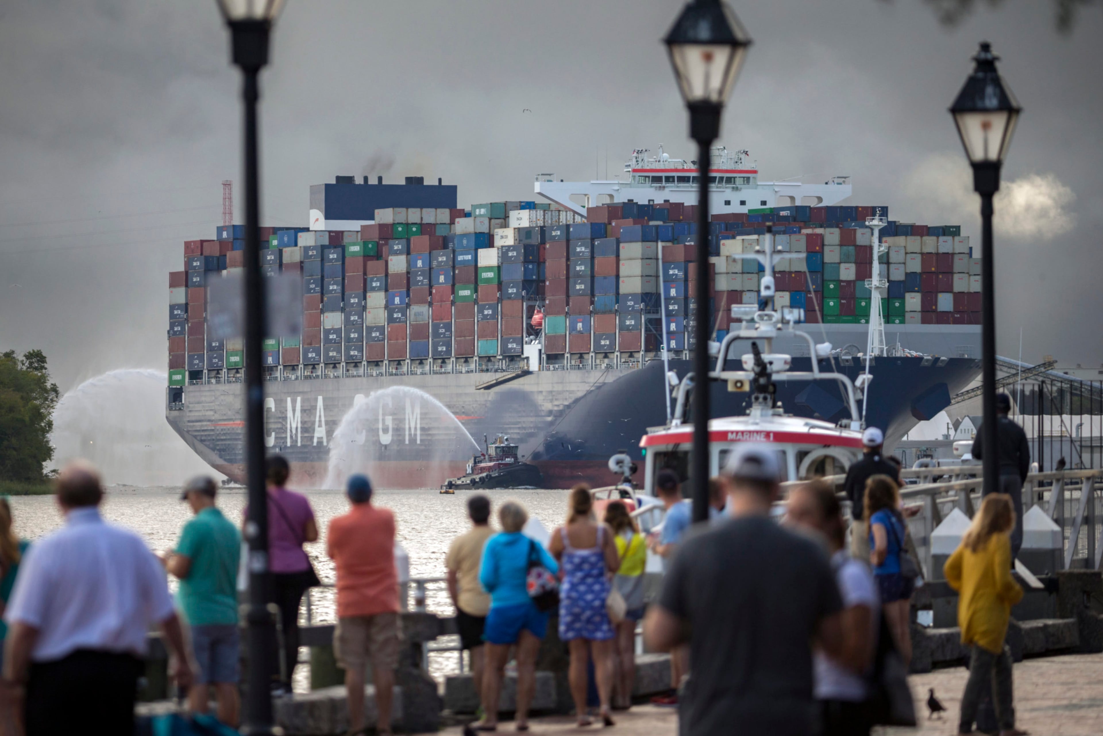 CMA CGM Brazil, the largest ship to ever call on the U.S. East Coast, sails upriver to the Georgia Ports Authority's Port of Savannah Garden City Terminal on Friday. (GPA Photo/Stephen B. Morton)