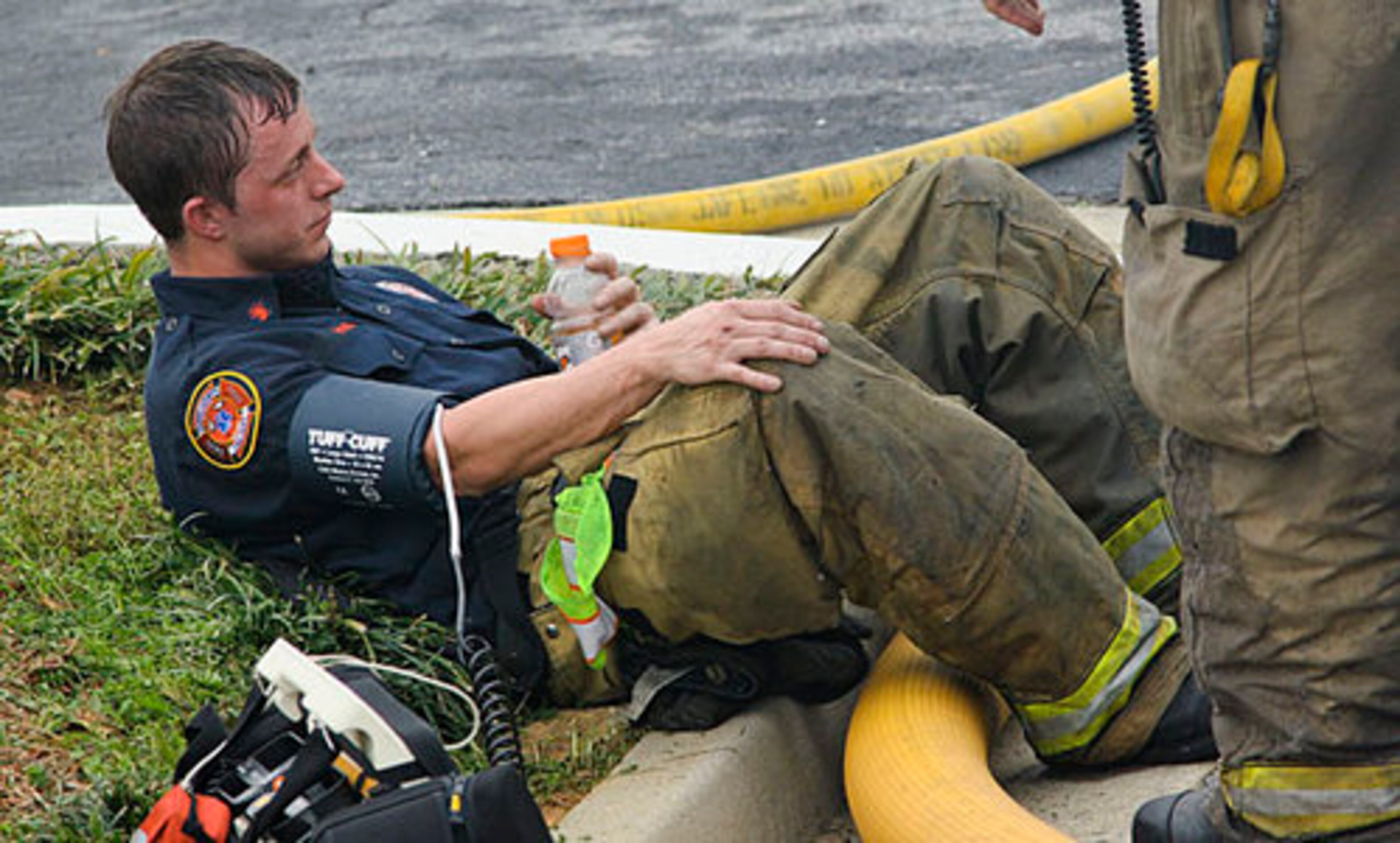 Firefighters had their blood pressure checked in rehab Friday after battling the blaze.