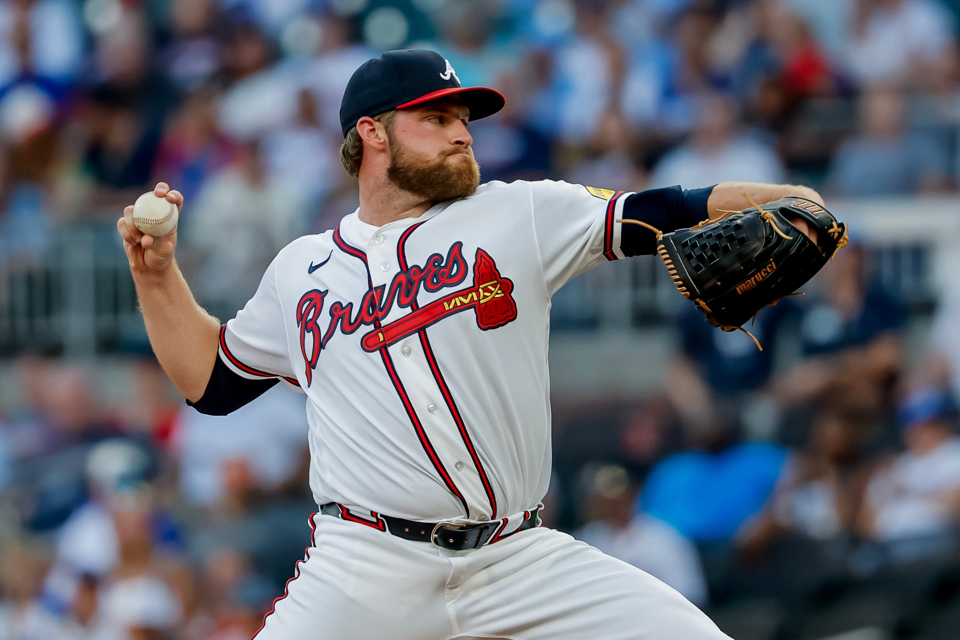 Bryce Elder, giving the Dodgers the business on Tuesday. (Erik S. Lesser/AP)